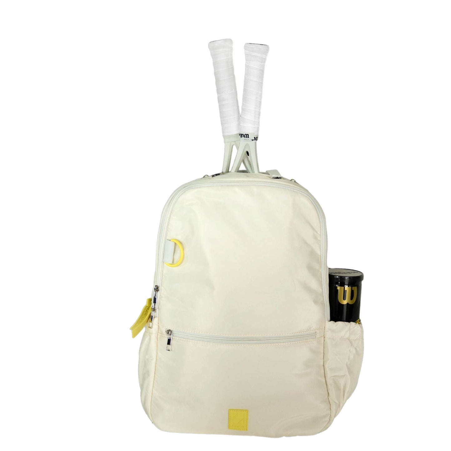 Beige backpack with tennis rackets and accessories on a white background