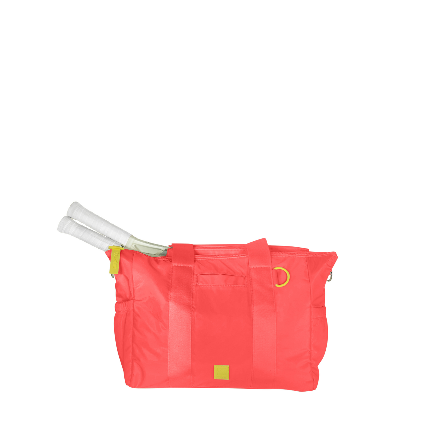 Red tote bag with a yellow handle on a white background