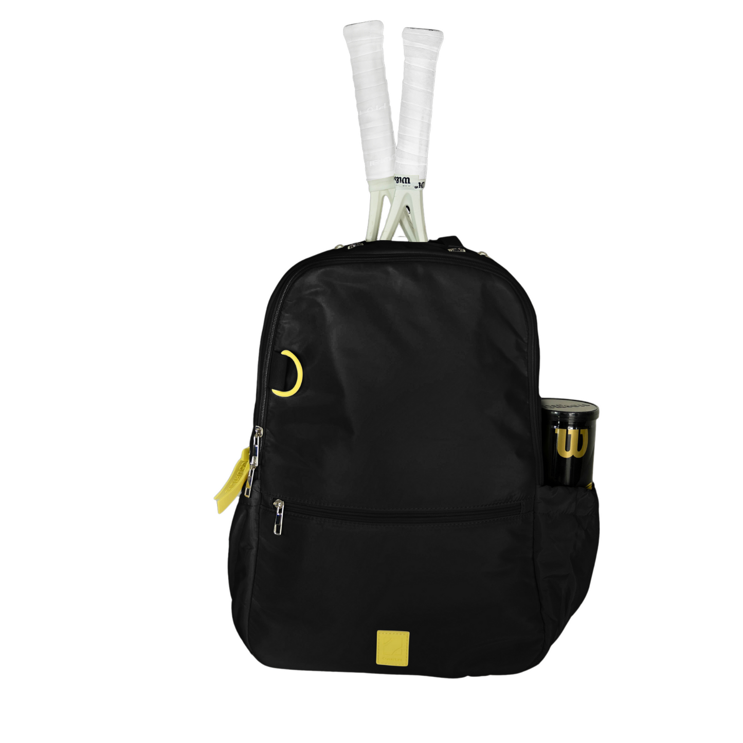 Black backpack with yellow accents, holding tennis rackets and a cup, on a white background