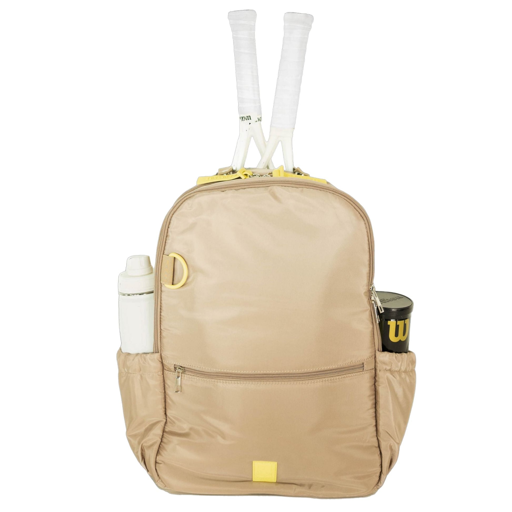 Beige backpack with tennis rackets and accessories on a white background