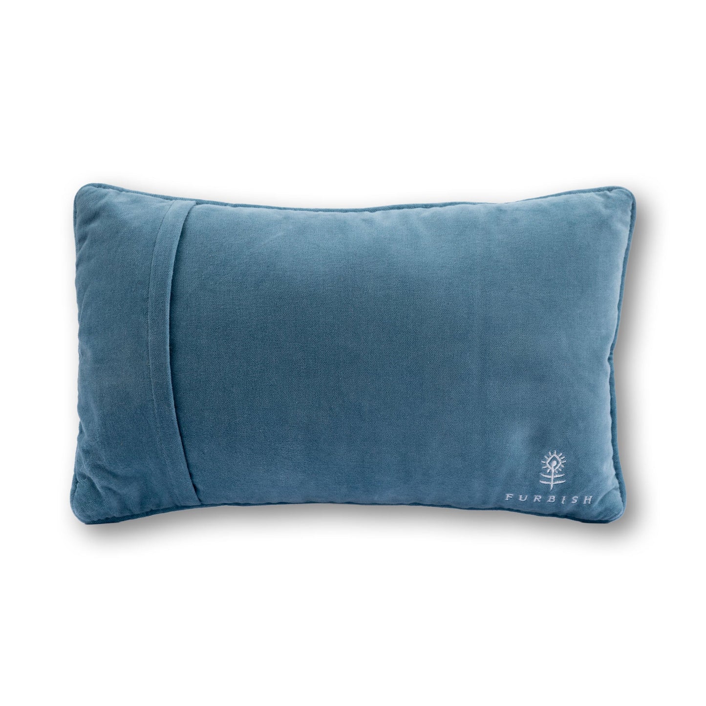 Blue pillow with a brand logo on a white background