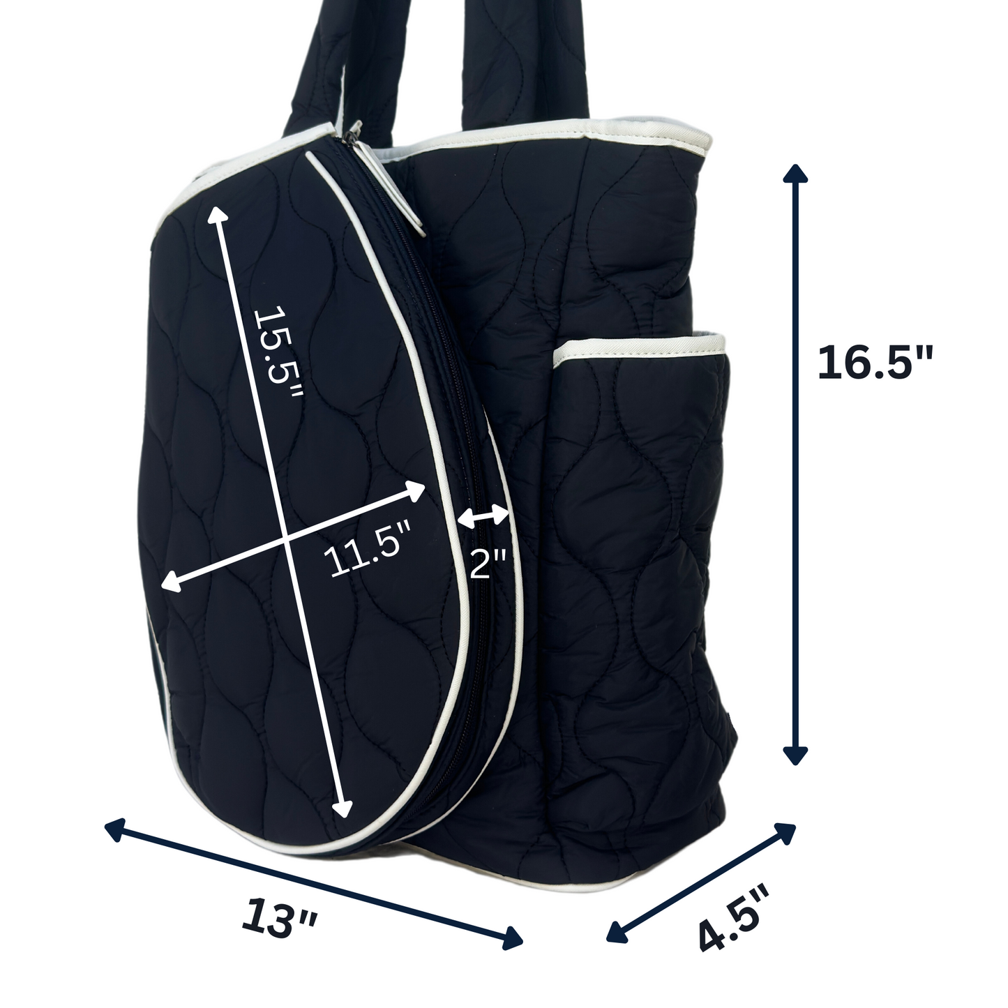 Black quilted tennis  bag with measurements indicated on a white background