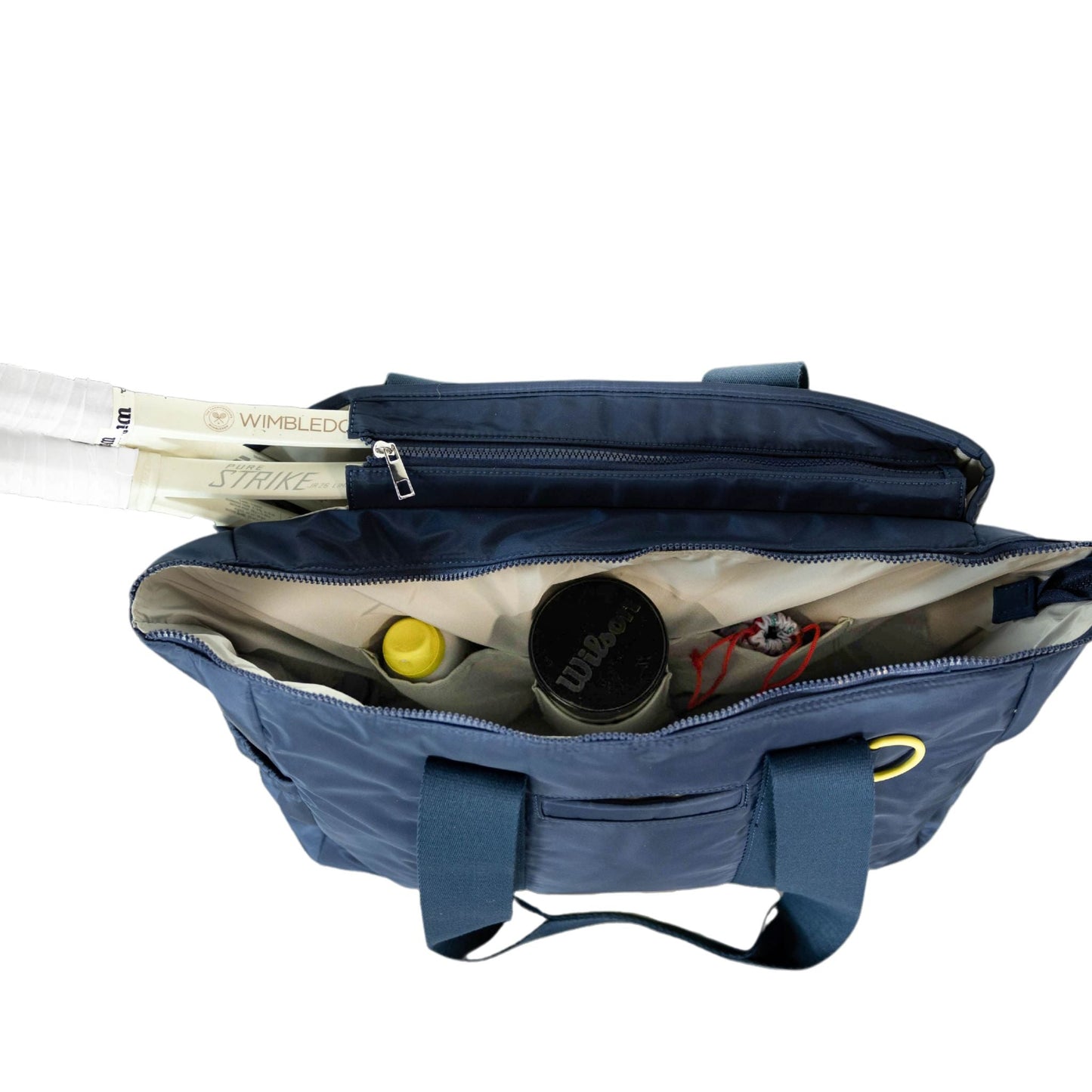 Blue sports bag with tennis rackets and equipment on a white background