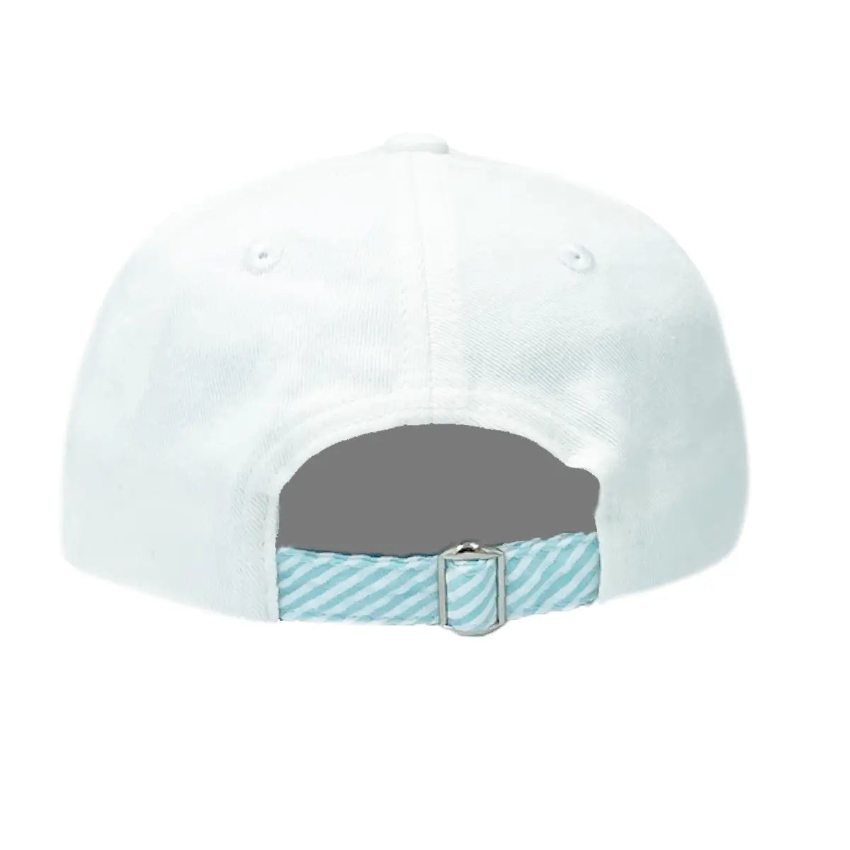 White cap with a blue and white striped strap on a white background