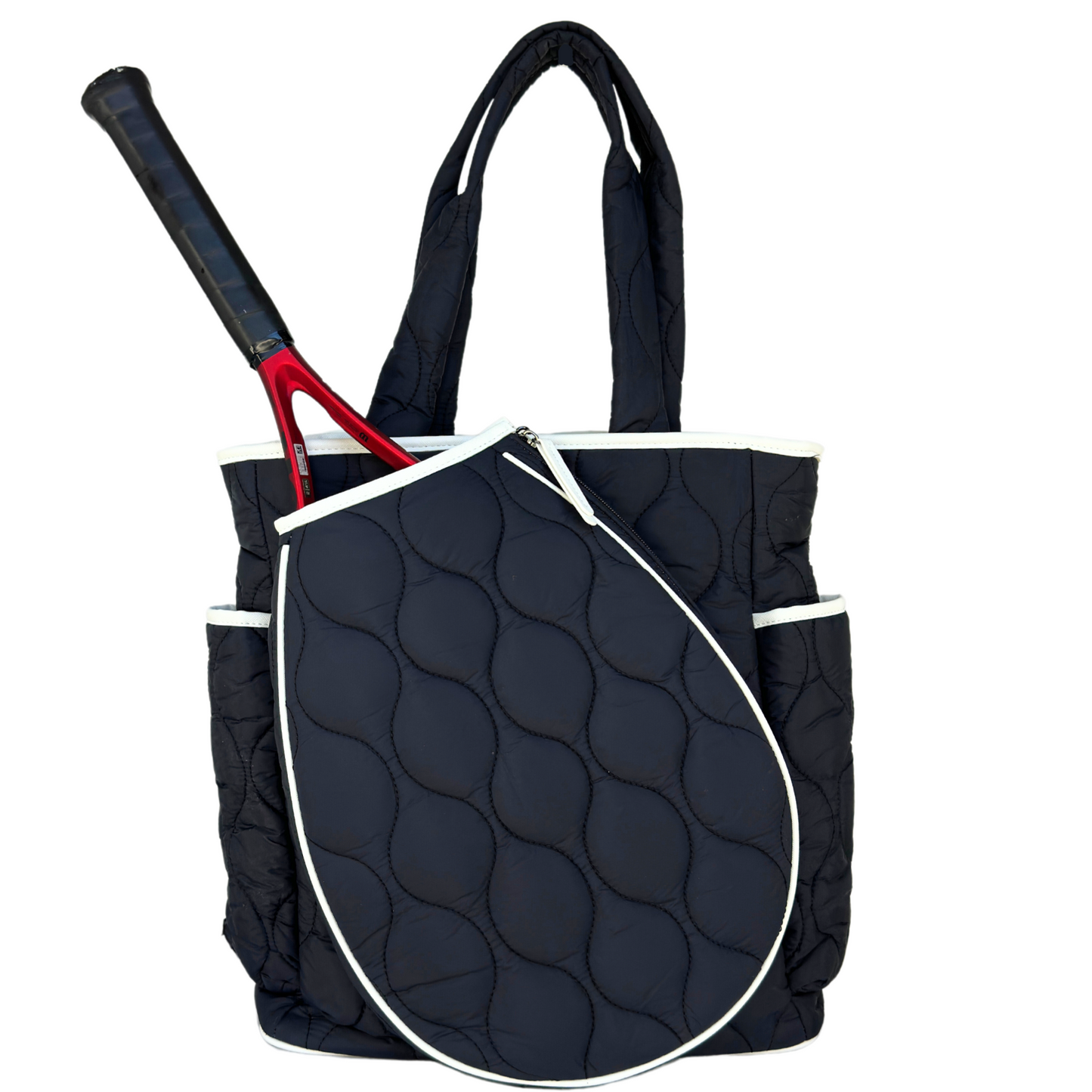 Black quilted tennis tote bag with a tennis racket inside on a white background