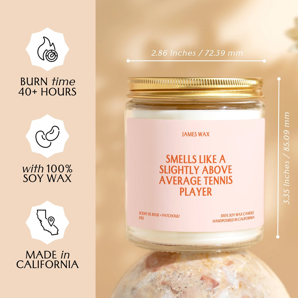 Candle "Smells Like a slightly above average tennis player" on the label.