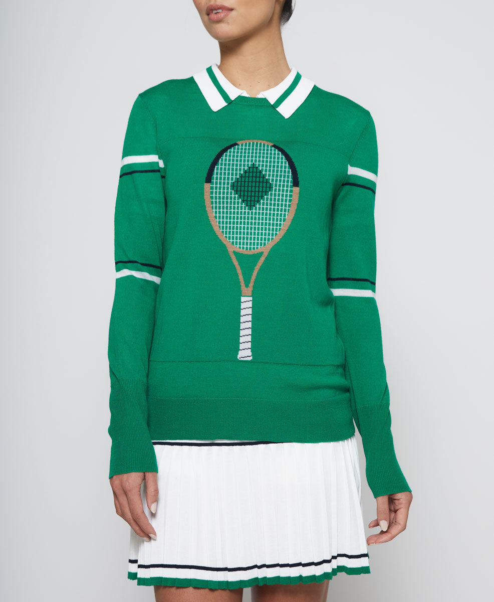 Model wearing L'Etoile Sport Green Racquet Sweater on Tennisdujour.com.