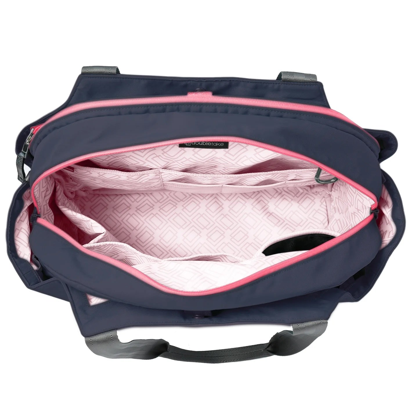 Navy tennis backpack with pink interior on a white background