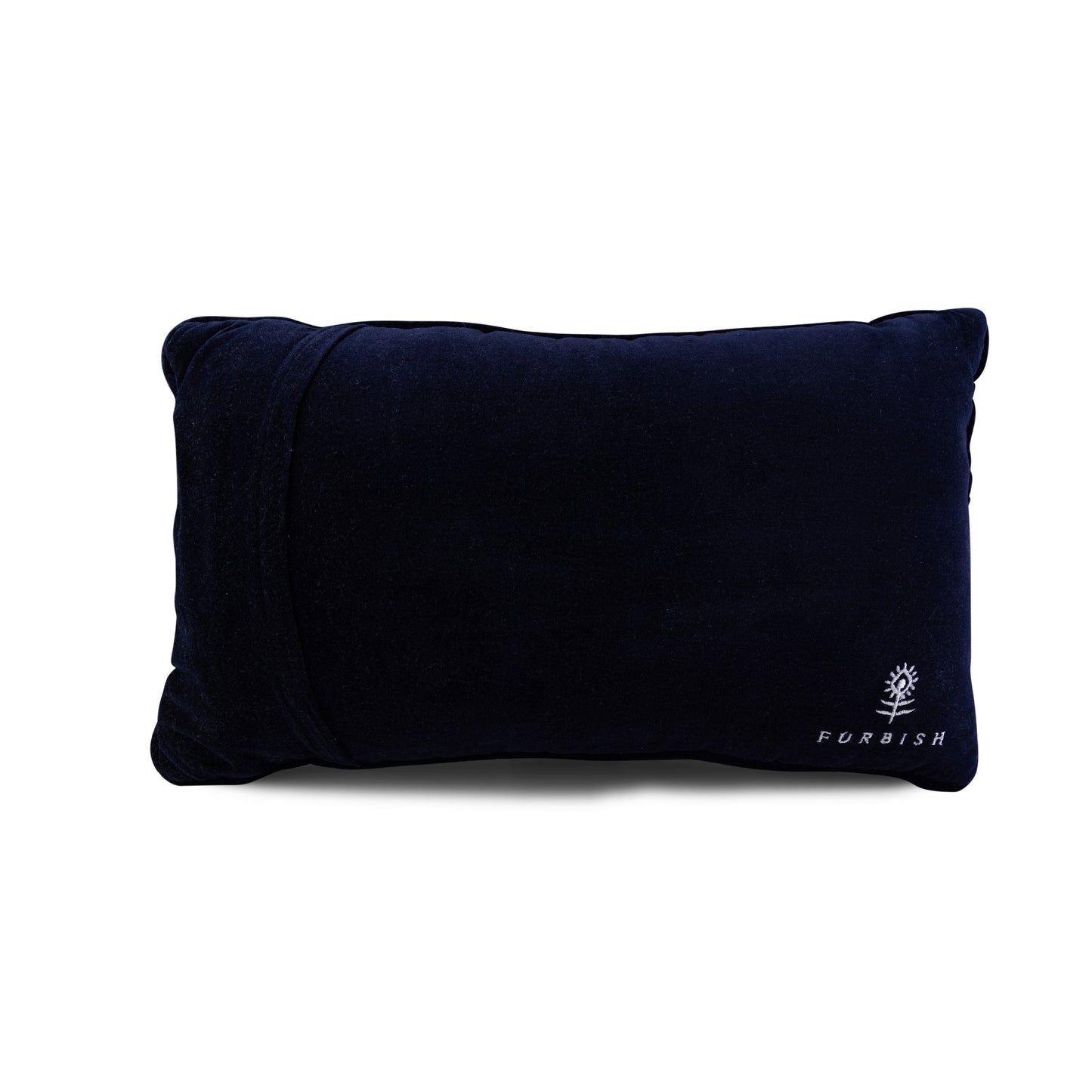 Black pillow with 'Furbish' branding on a white background