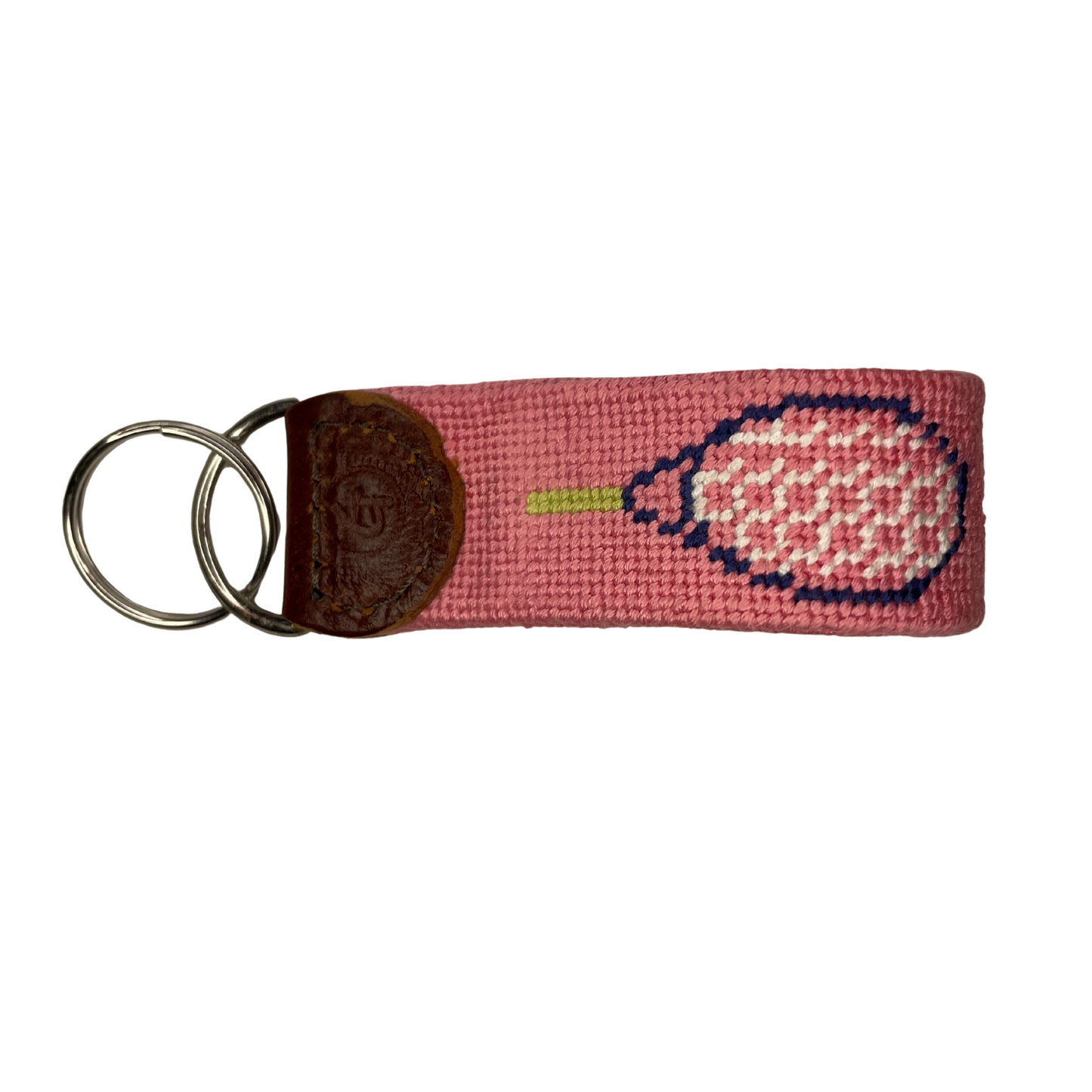 Pink tennis keychain with navy tennis racquet by Good Threads and Tennis DuJour.
