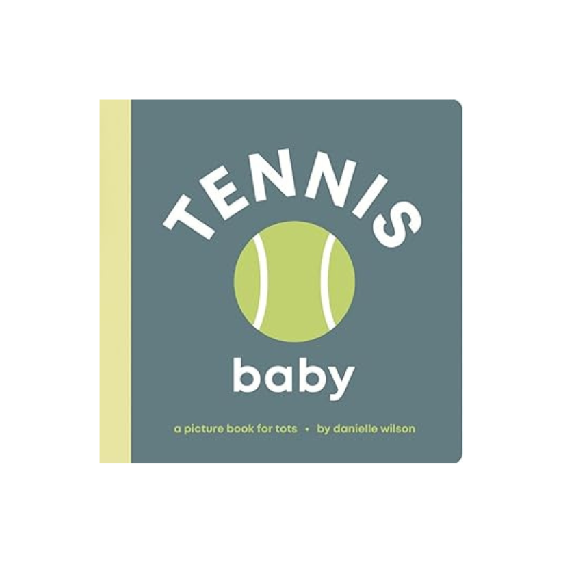 Book titled 'Tennis Baby' with a tennis ball illustration on a teal background