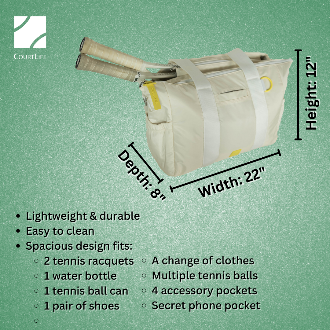 Beige tennis bag with dimensions and features on a green background