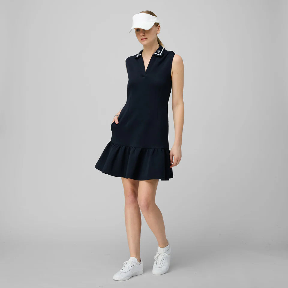 Model wearing blue Tilley tennis dress on TennisDuJour.com