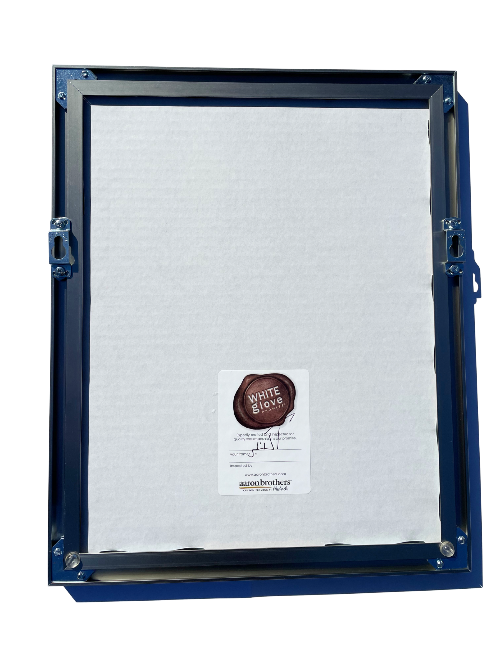 metal frame with a white mat and a visible brand label on a white background