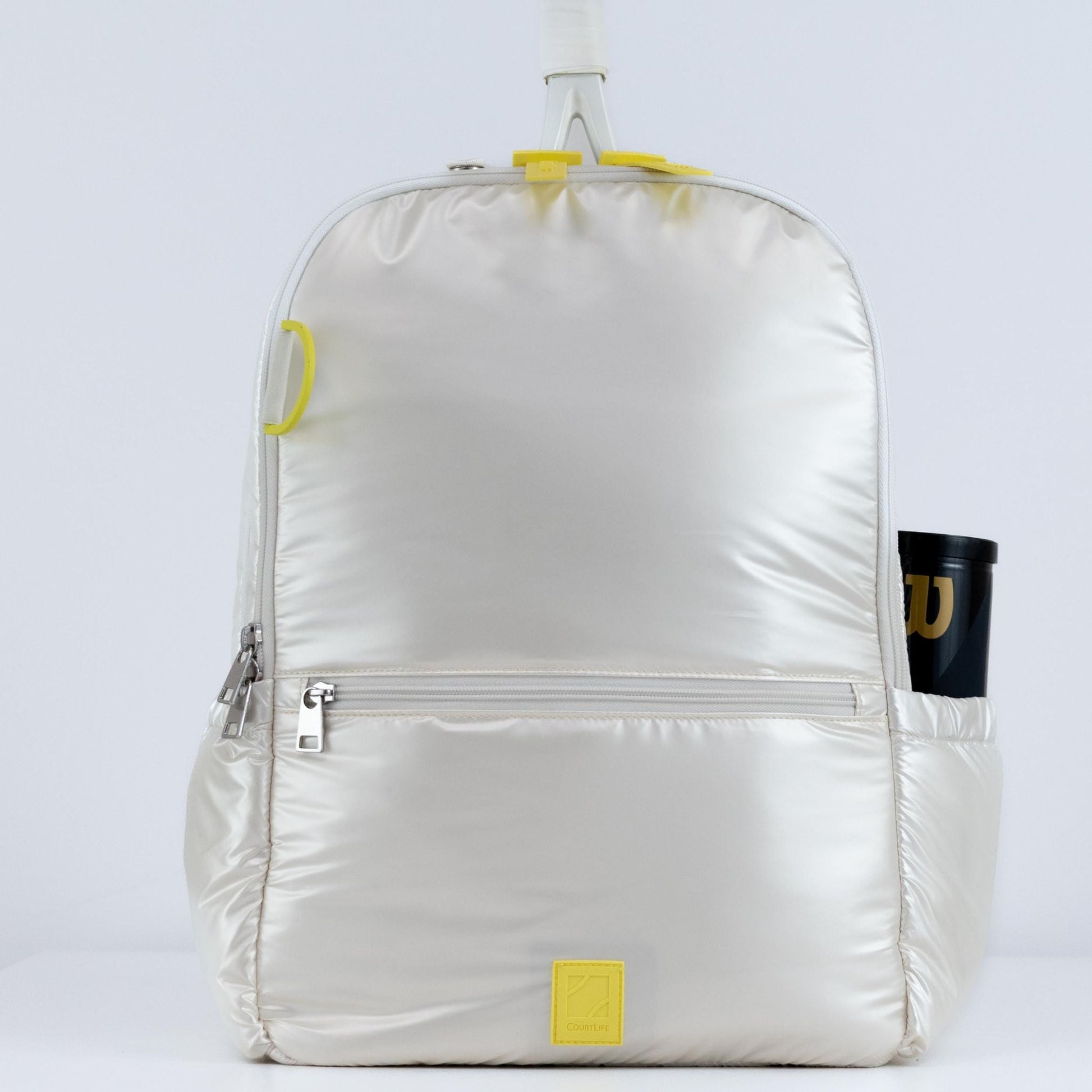 Light gray backpack with yellow accents on a white background