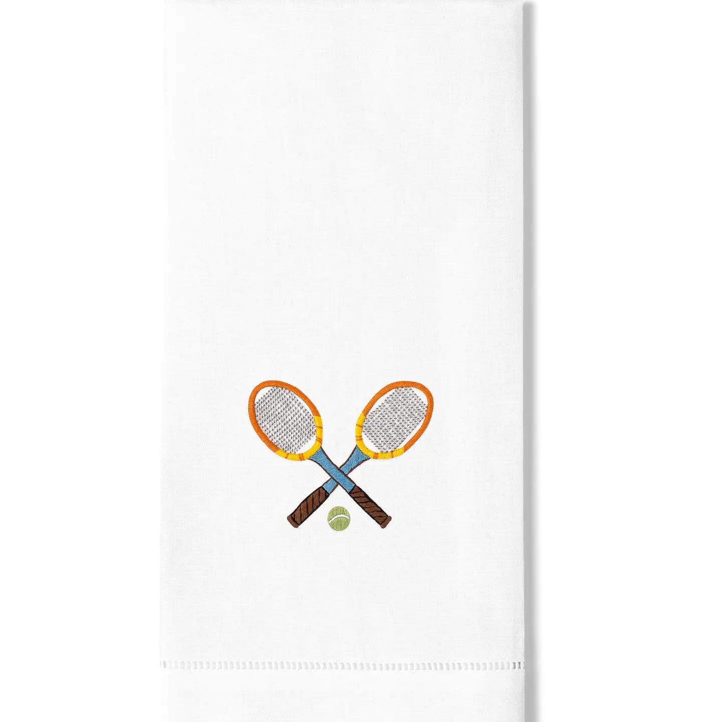 Hand embroidered cotton tennis towel with crossed racquets on TennisDuJour.com