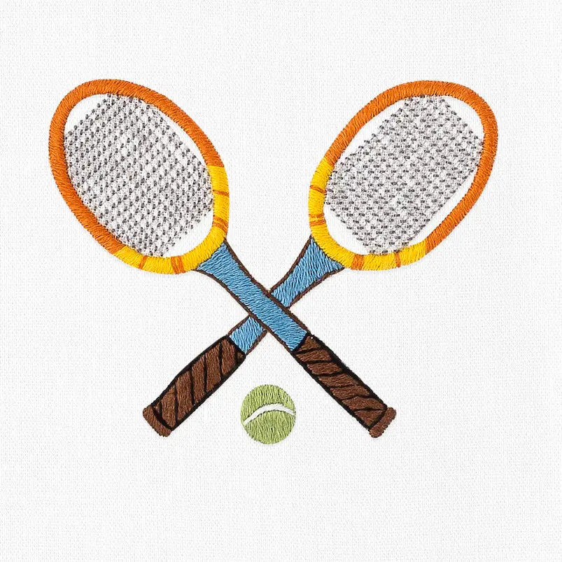 Hand embroidered cotton tennis towel with crossed racquets on TennisDuJour.com