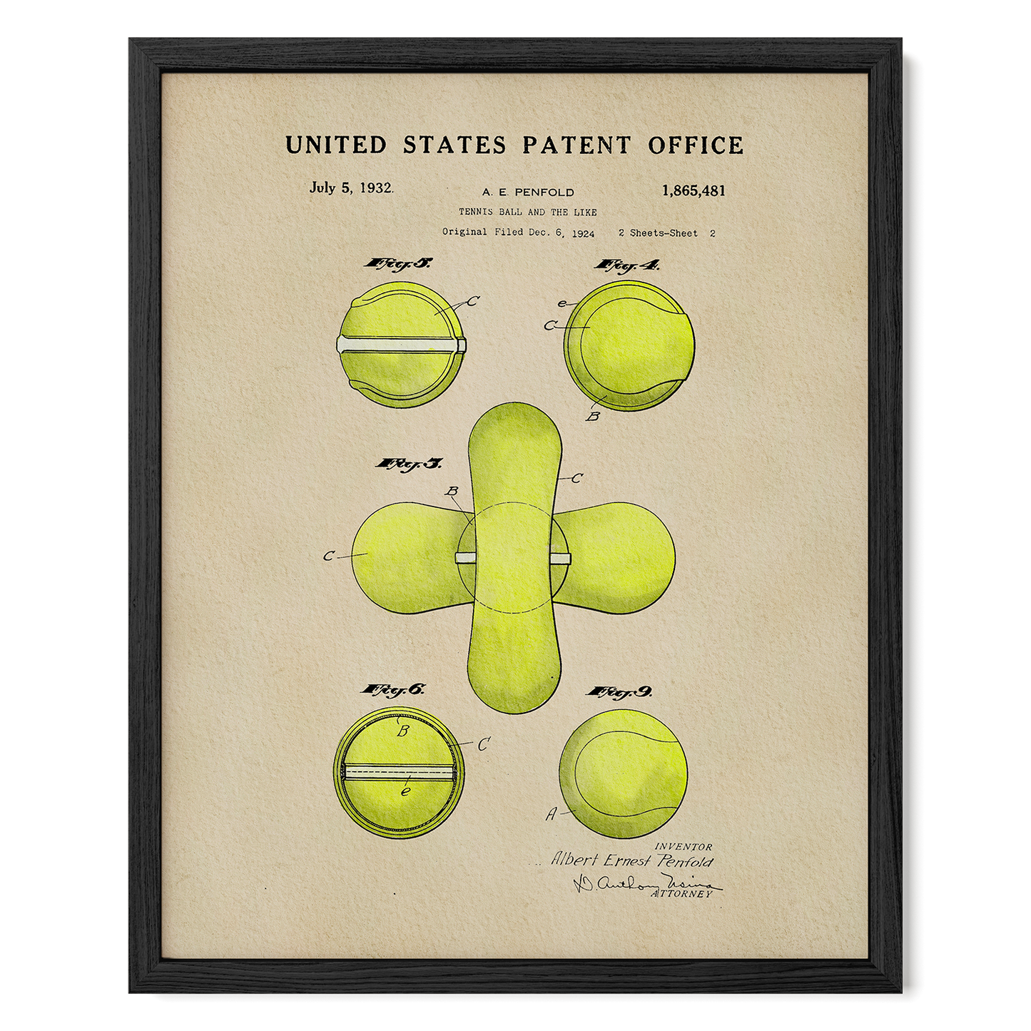 Framed United States Patent Office poster with tennis ball design illustration on beige background