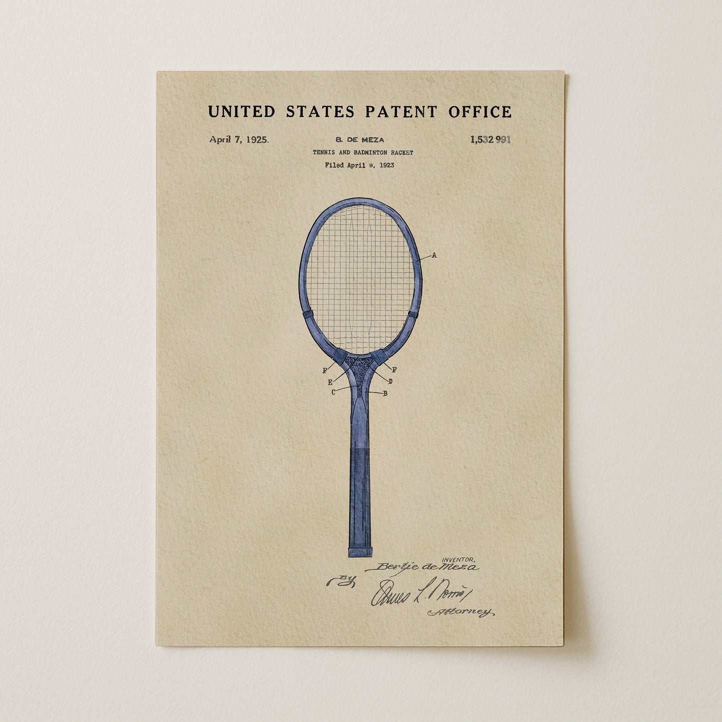 Patent poster of a tennis racket design from the United States Patent Office on a beige background.