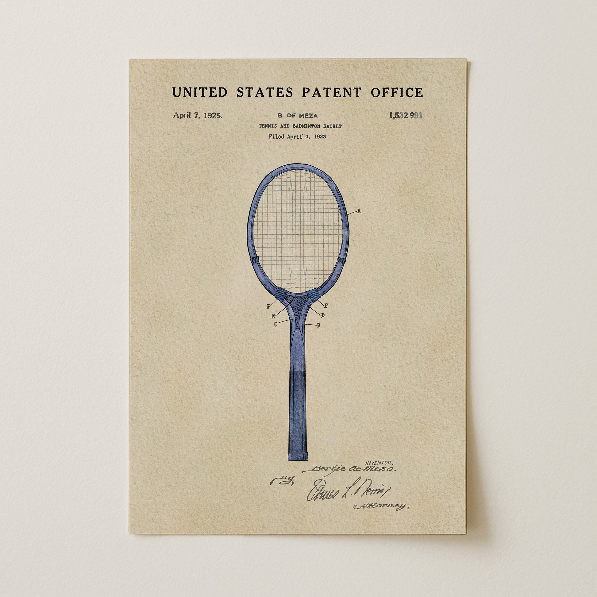 Patent poster of a tennis racket design from the United States Patent Office on a beige background.