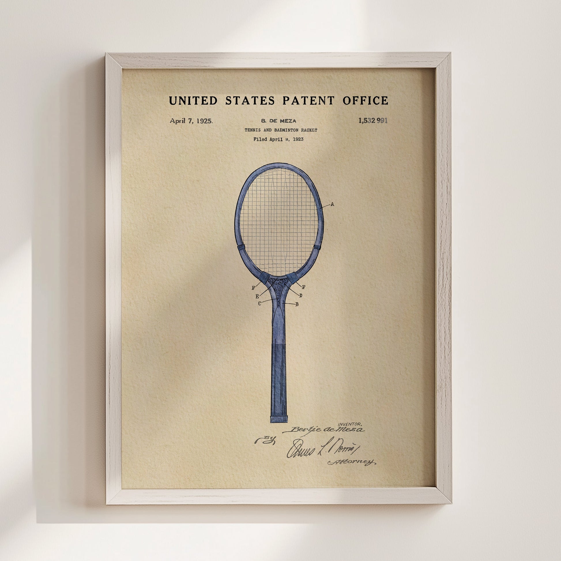 Framed United States Patent Office poster of a tennis racket design on beige paper.