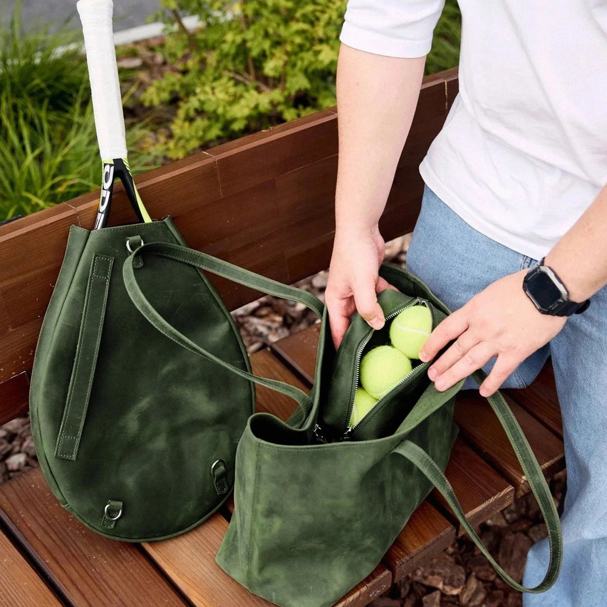 Green Leather bag and tennis racket cover