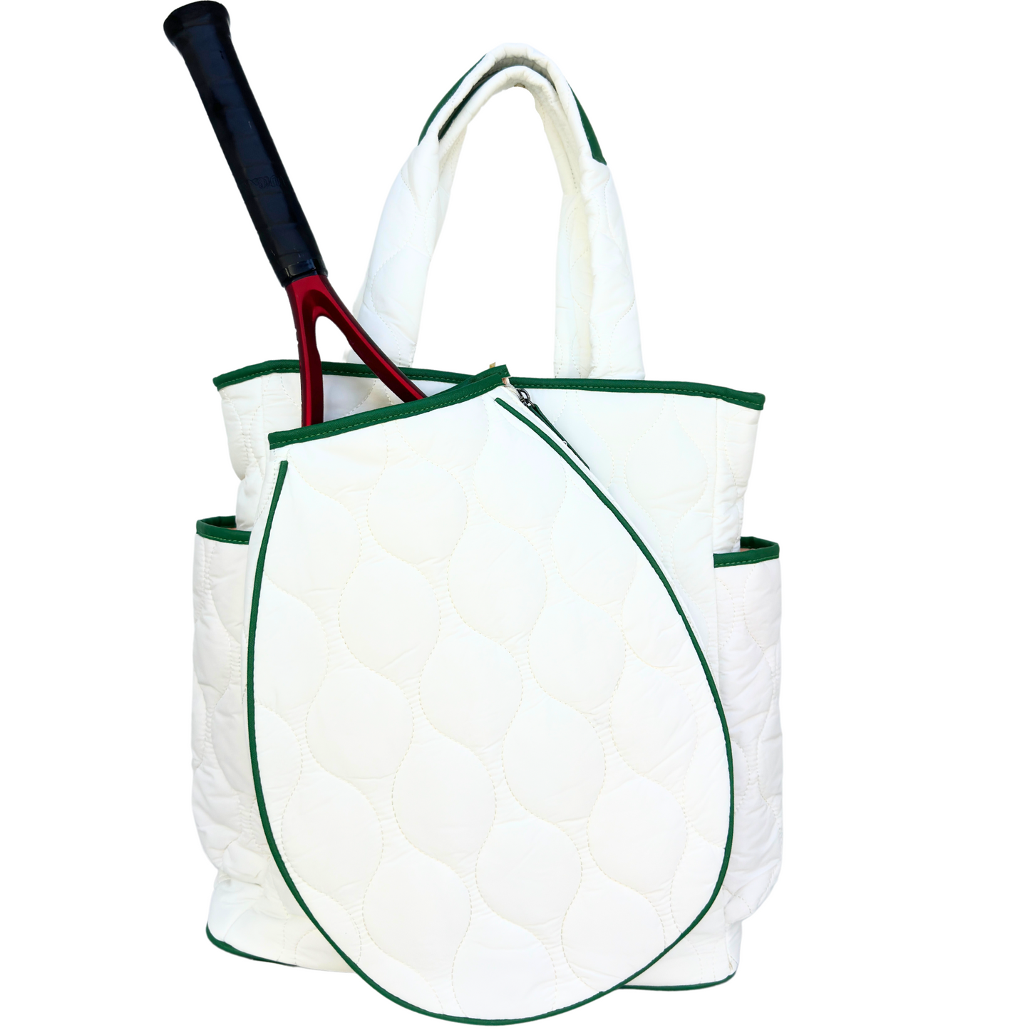 White tote tennis bag with green trim holding a tennis racket on a white background