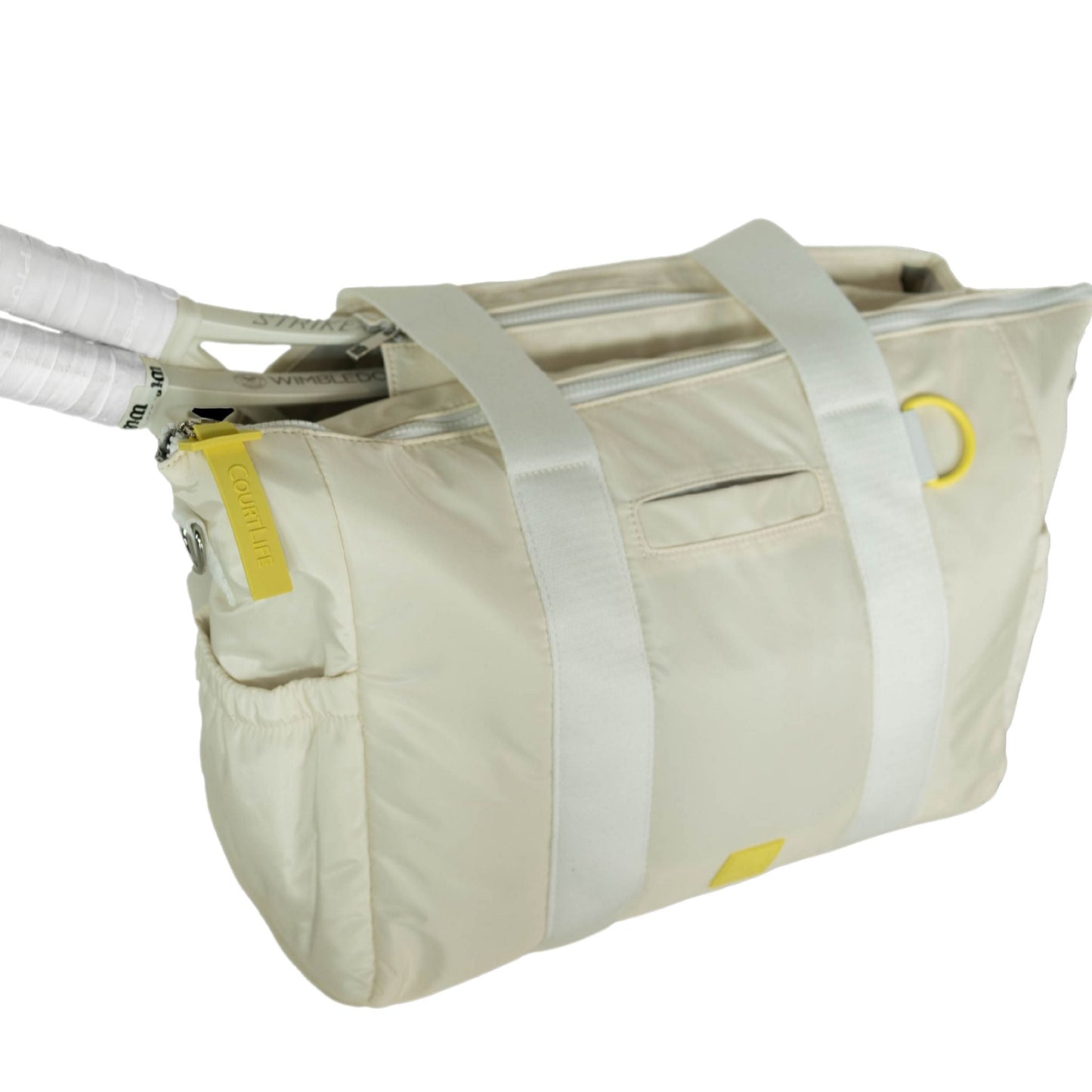 Beige bag with white straps on a white background
