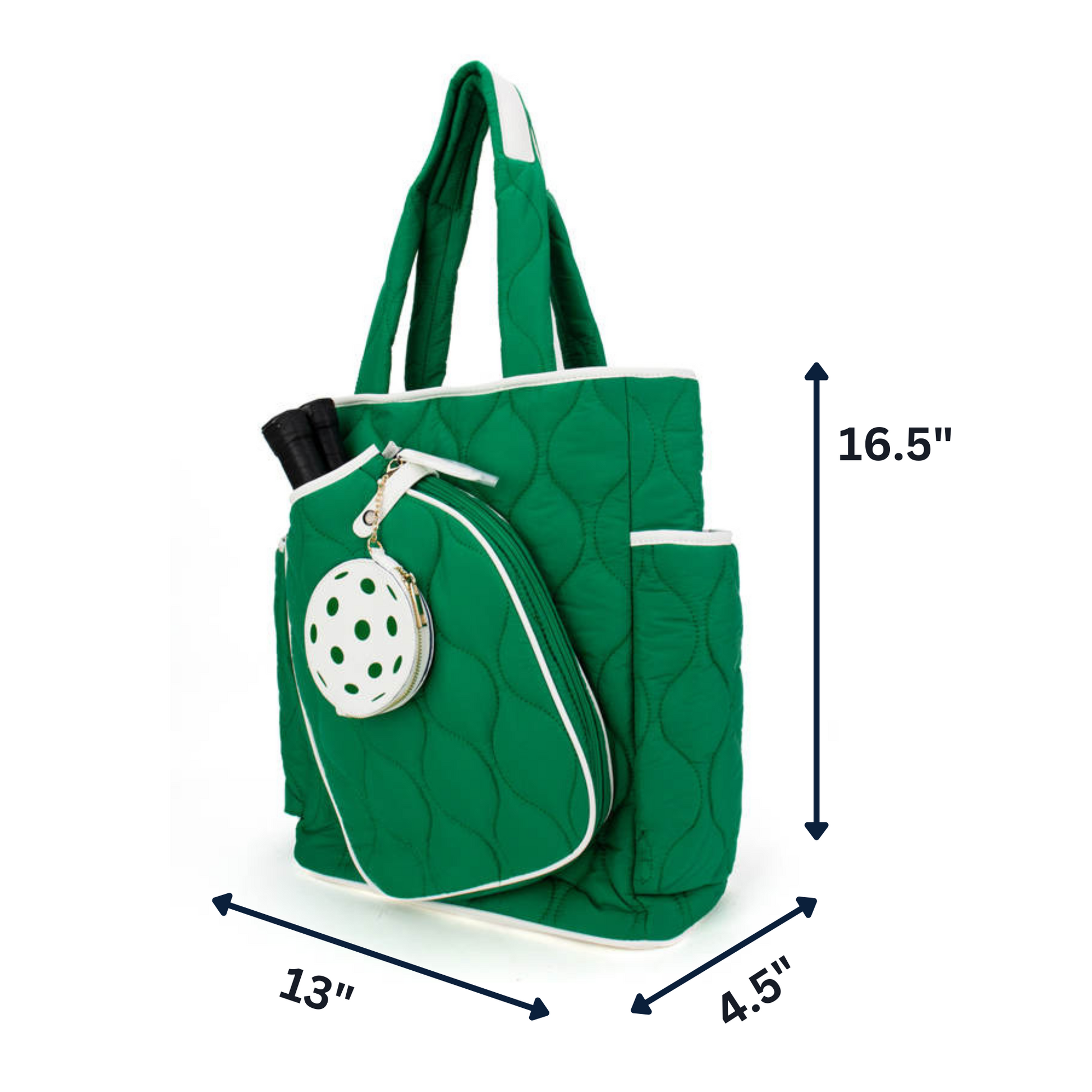 Green quilted bag with measurements on a white background