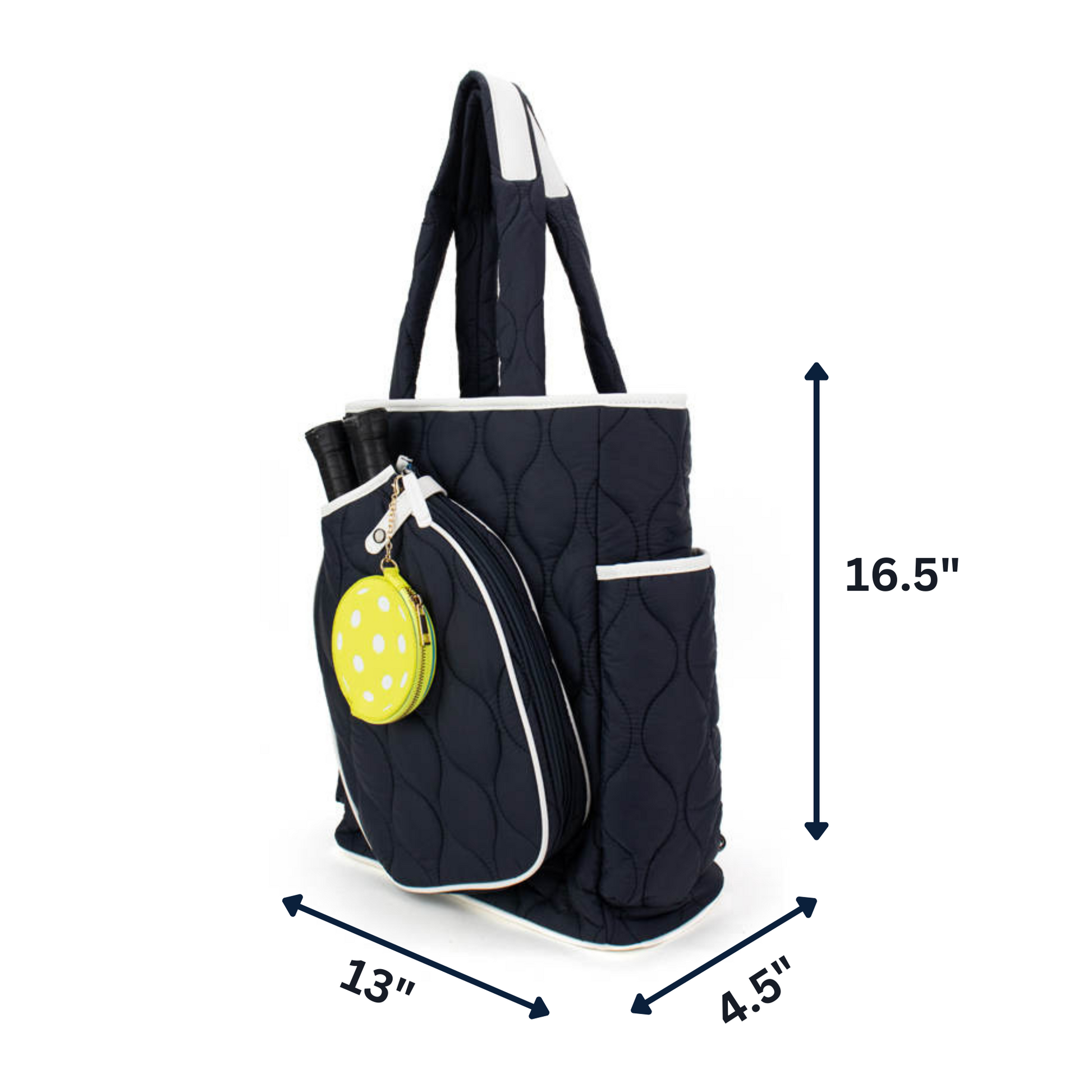 Black quilted pickleball bag with a yellow polka dot coin purse, showing dimensions on a white background