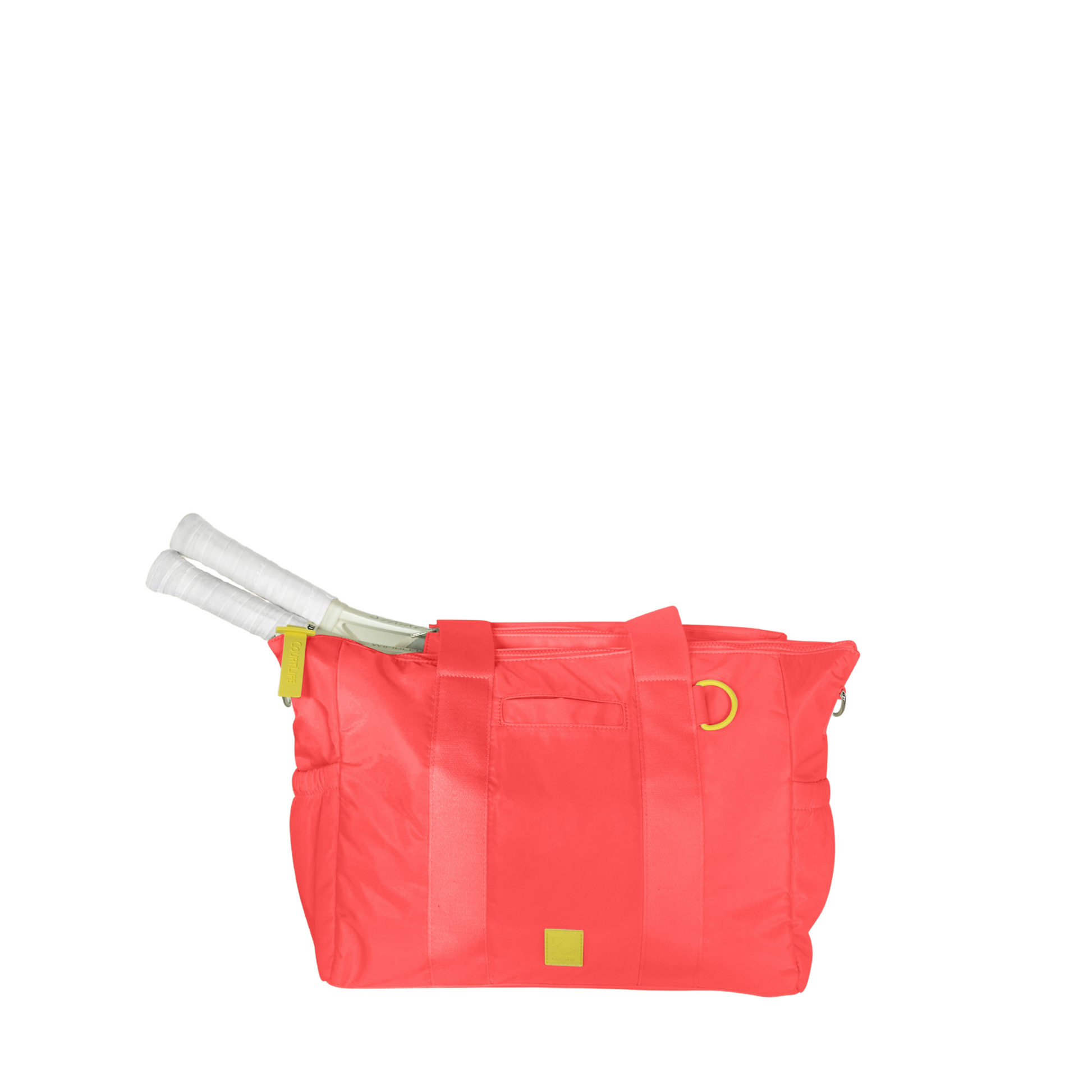 Red tote bag with a yellow handle on a white background