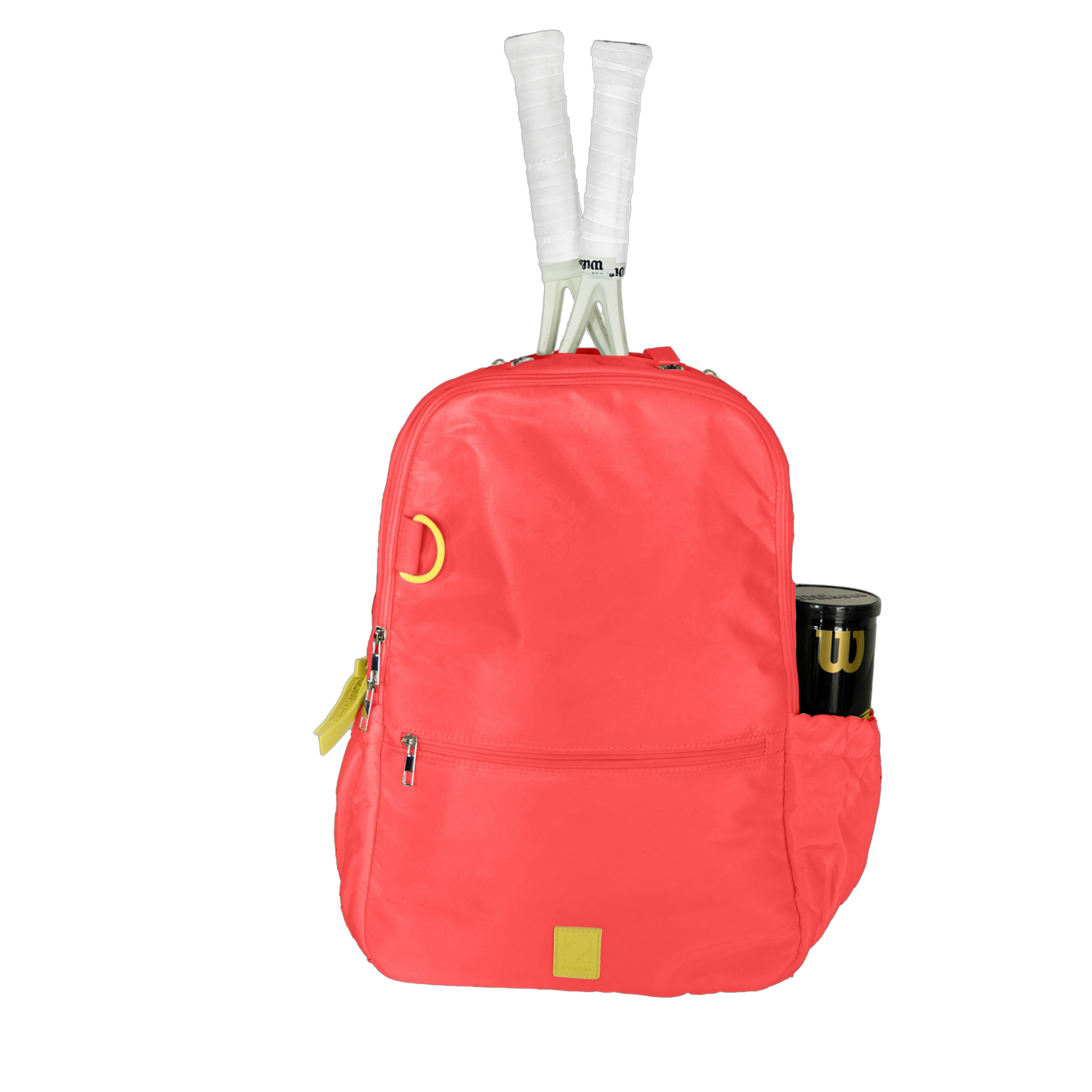 Red backpack with tennis racket and ball on a white background