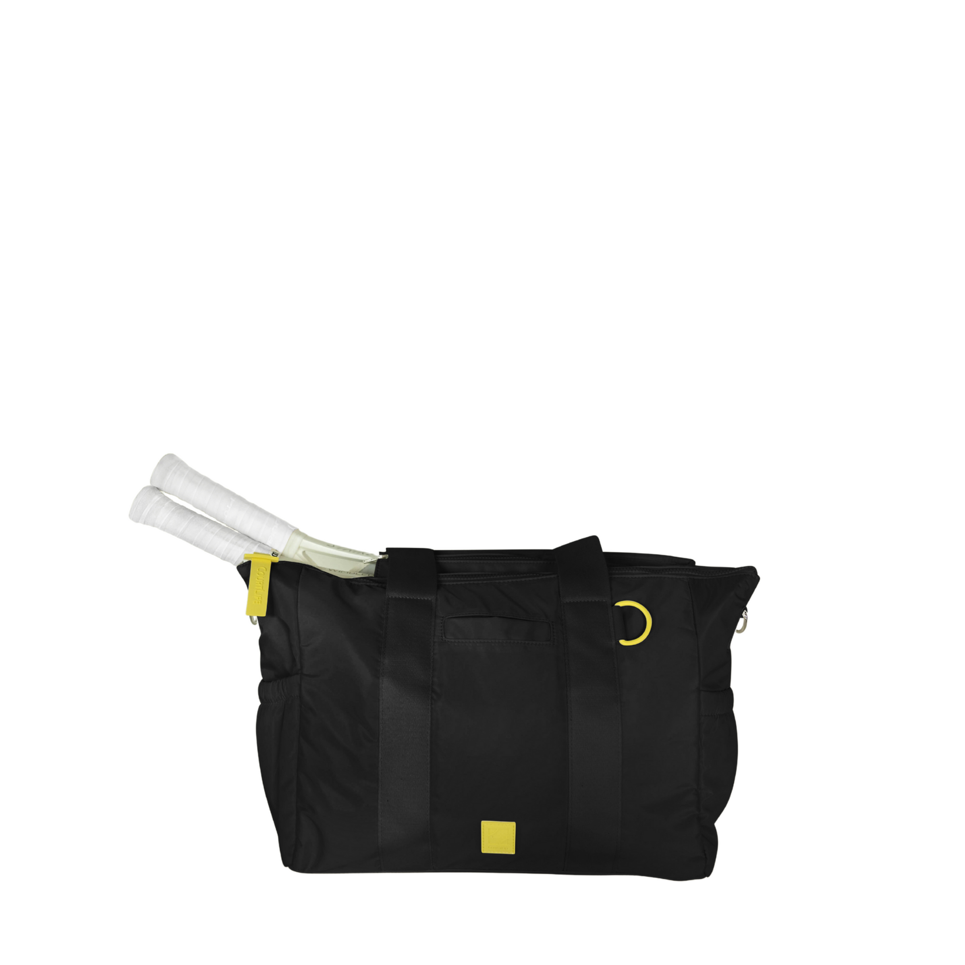 Black tennis bag with yellow accents on a white background
