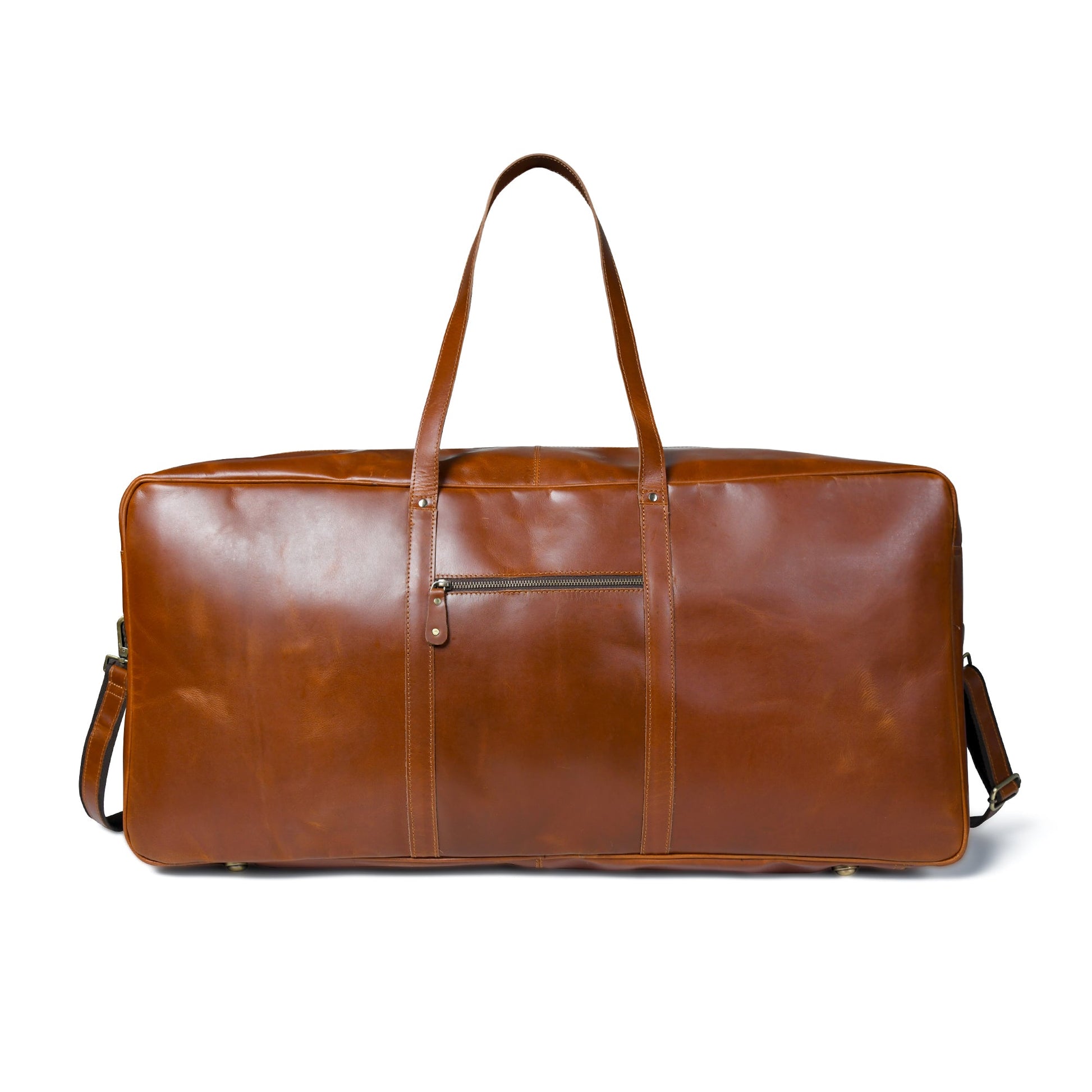 Brown leather duffel bag on a white background