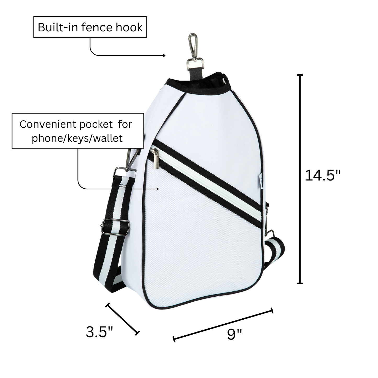 White  pickleball backpack with black stripes, features labeled, and dimensions on a white background