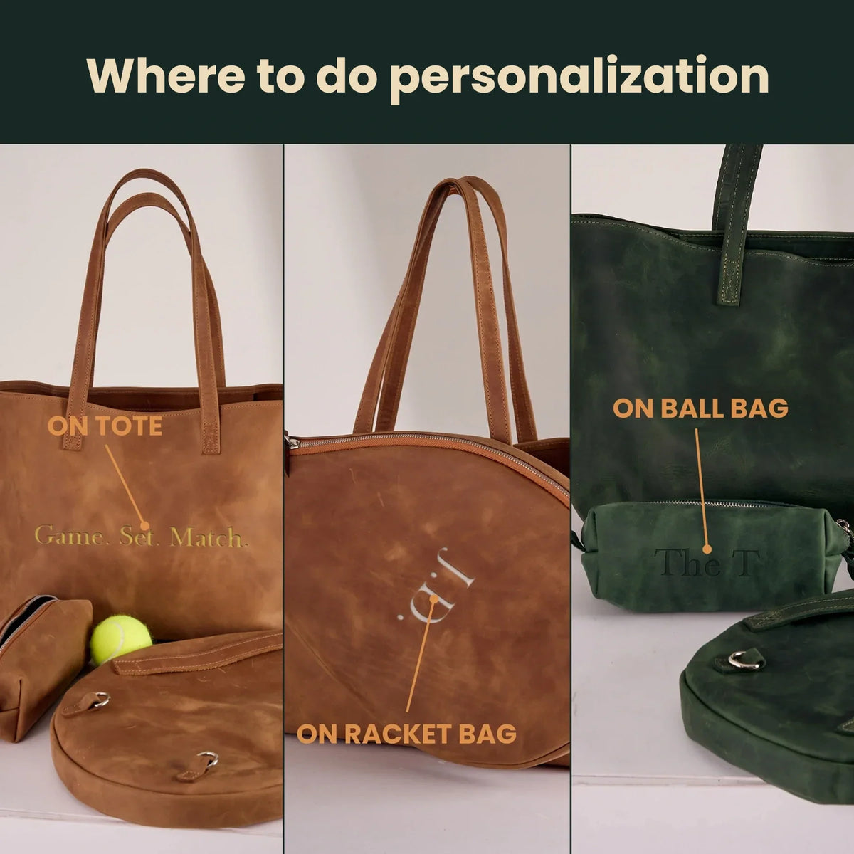 Genuine leather bag with removable tennis racket cover.