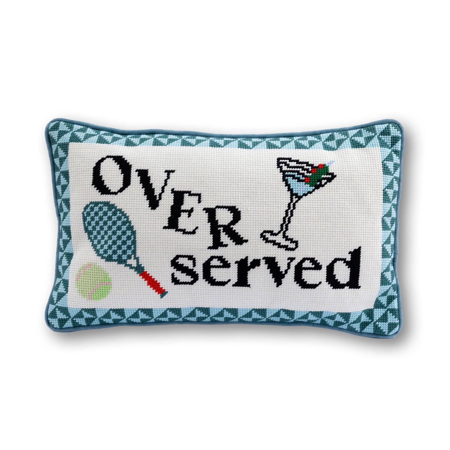 Decorative pillow with 'Over Served' text and tennis racket and martini glass graphics on a white background.