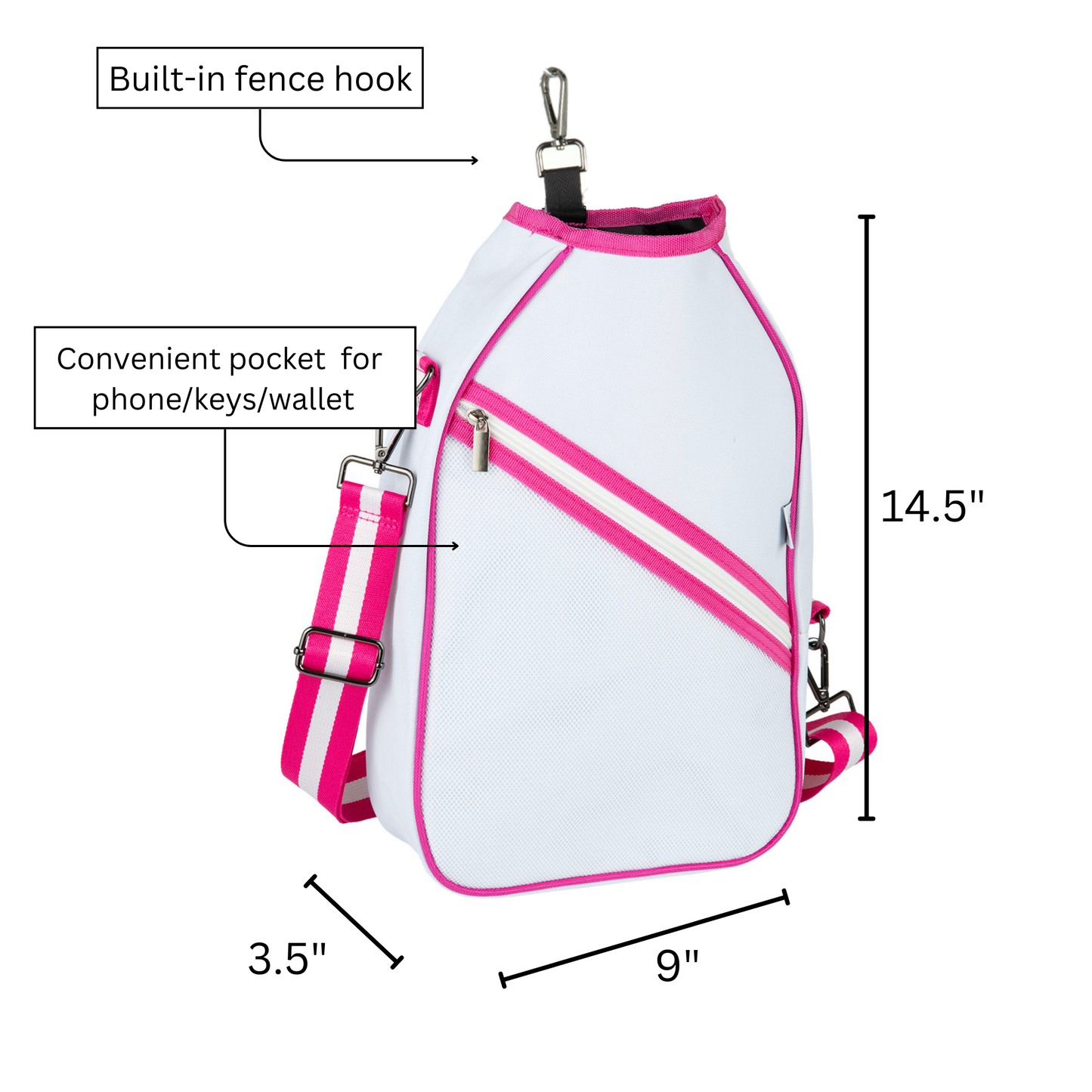 White and pink pickleball bag with measurements and features labeled