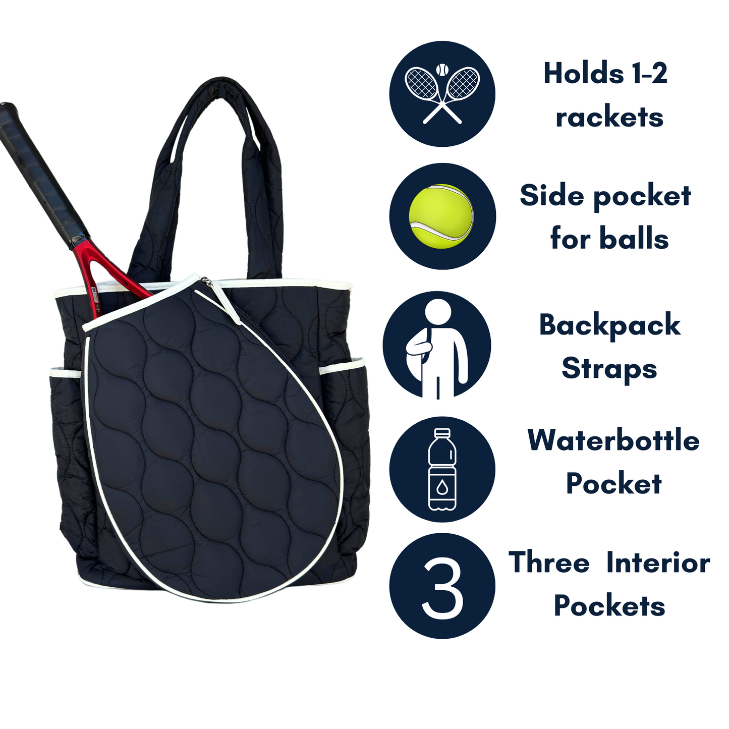 Black tennis backpack with features listed on a white background