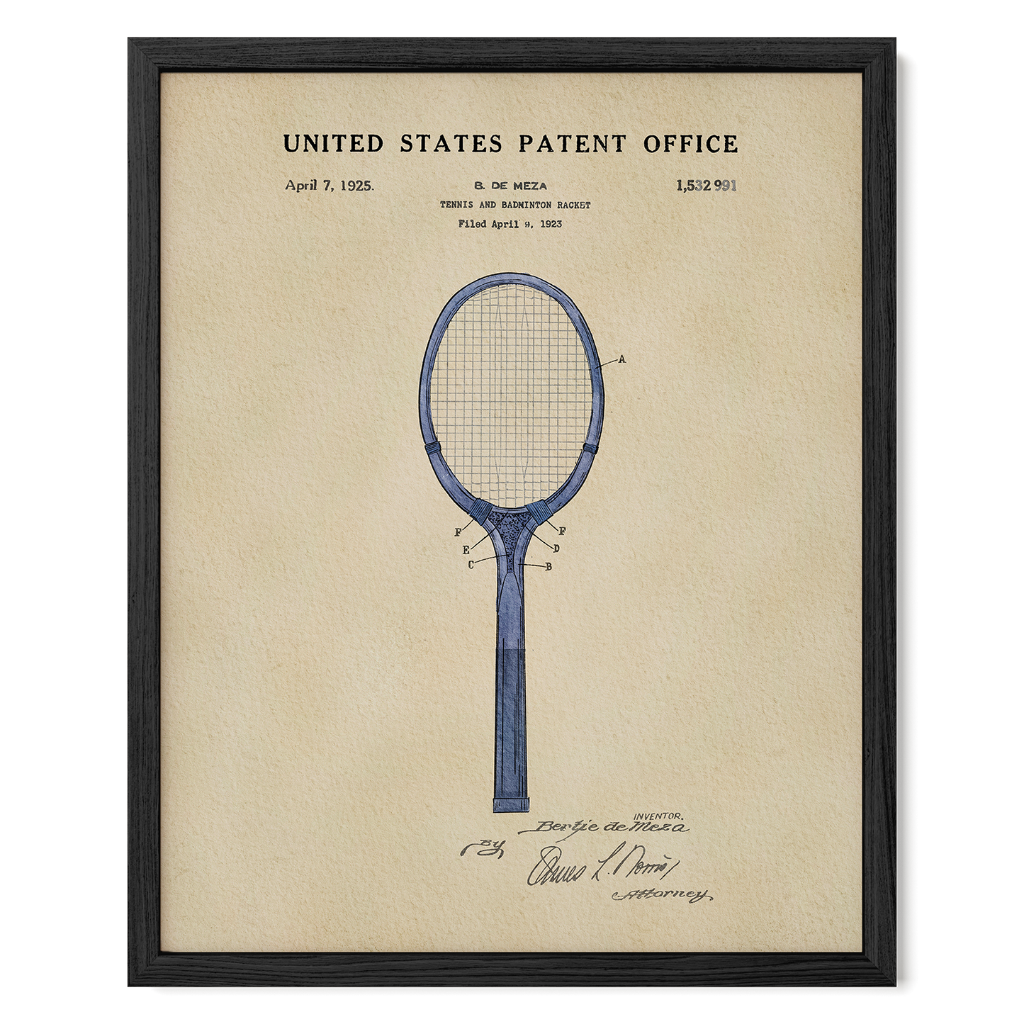Framed United States Patent Office poster of a tennis racket design on beige paper.