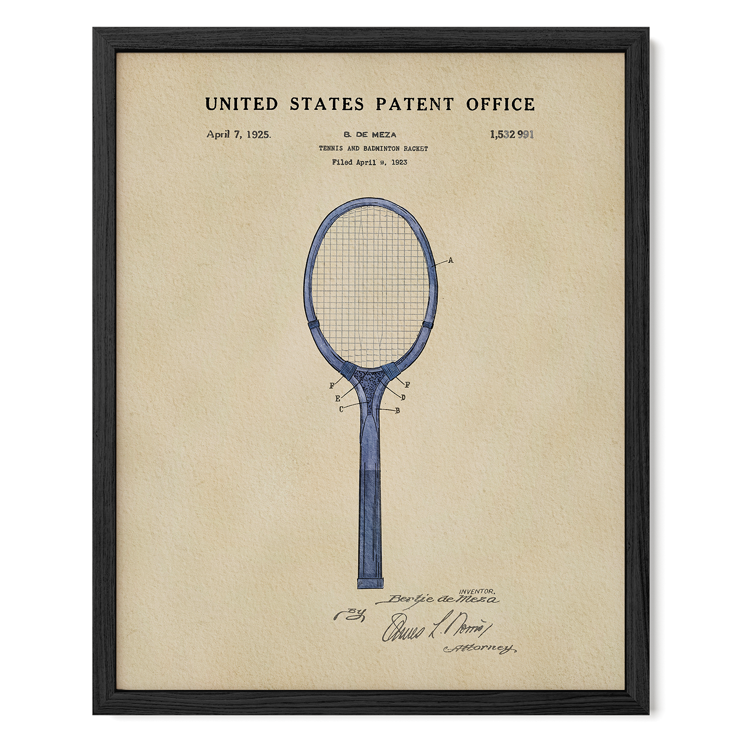 Framed United States Patent Office poster of a tennis racket design on beige paper.