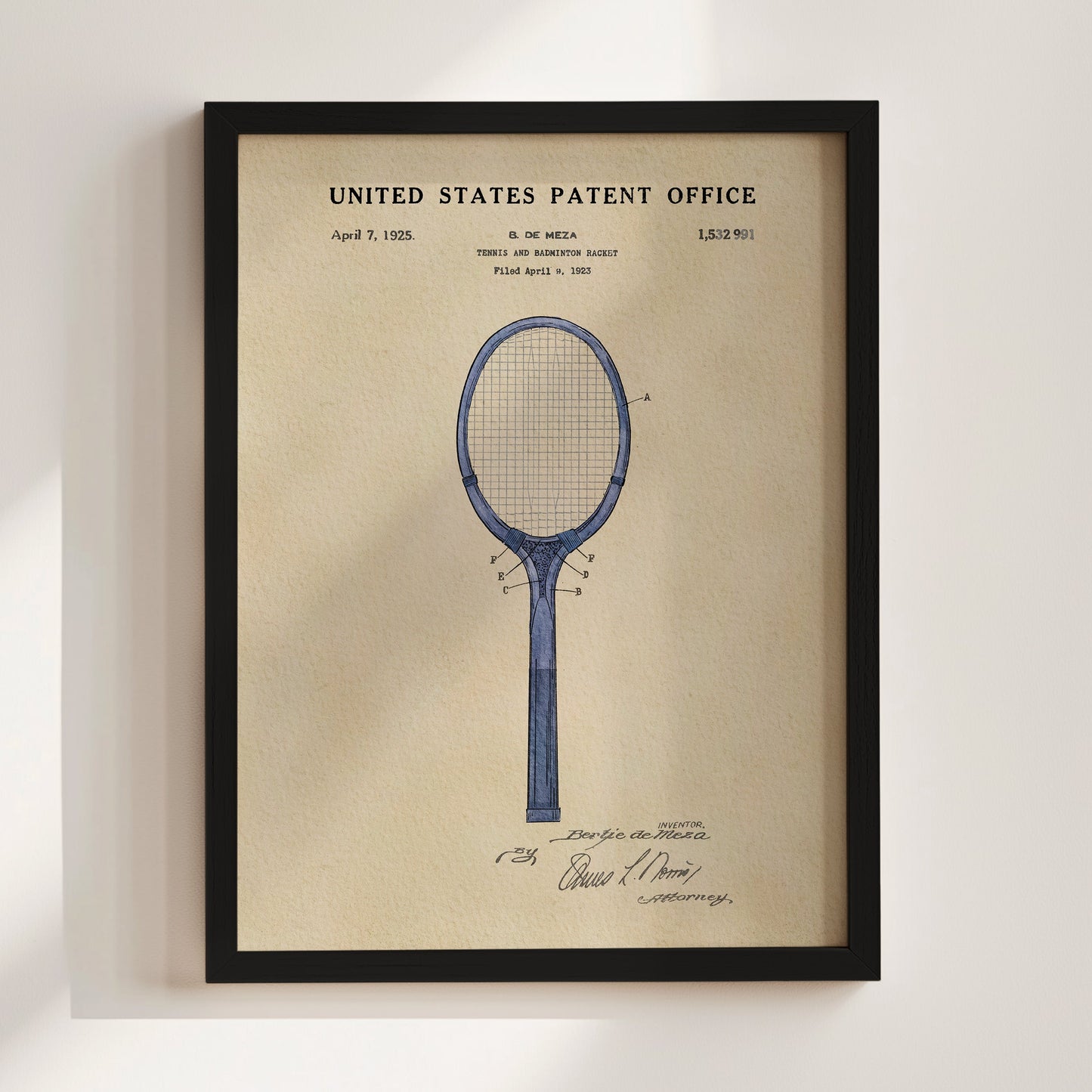 Framed United States Patent Office poster of a tennis racket design on a beige background