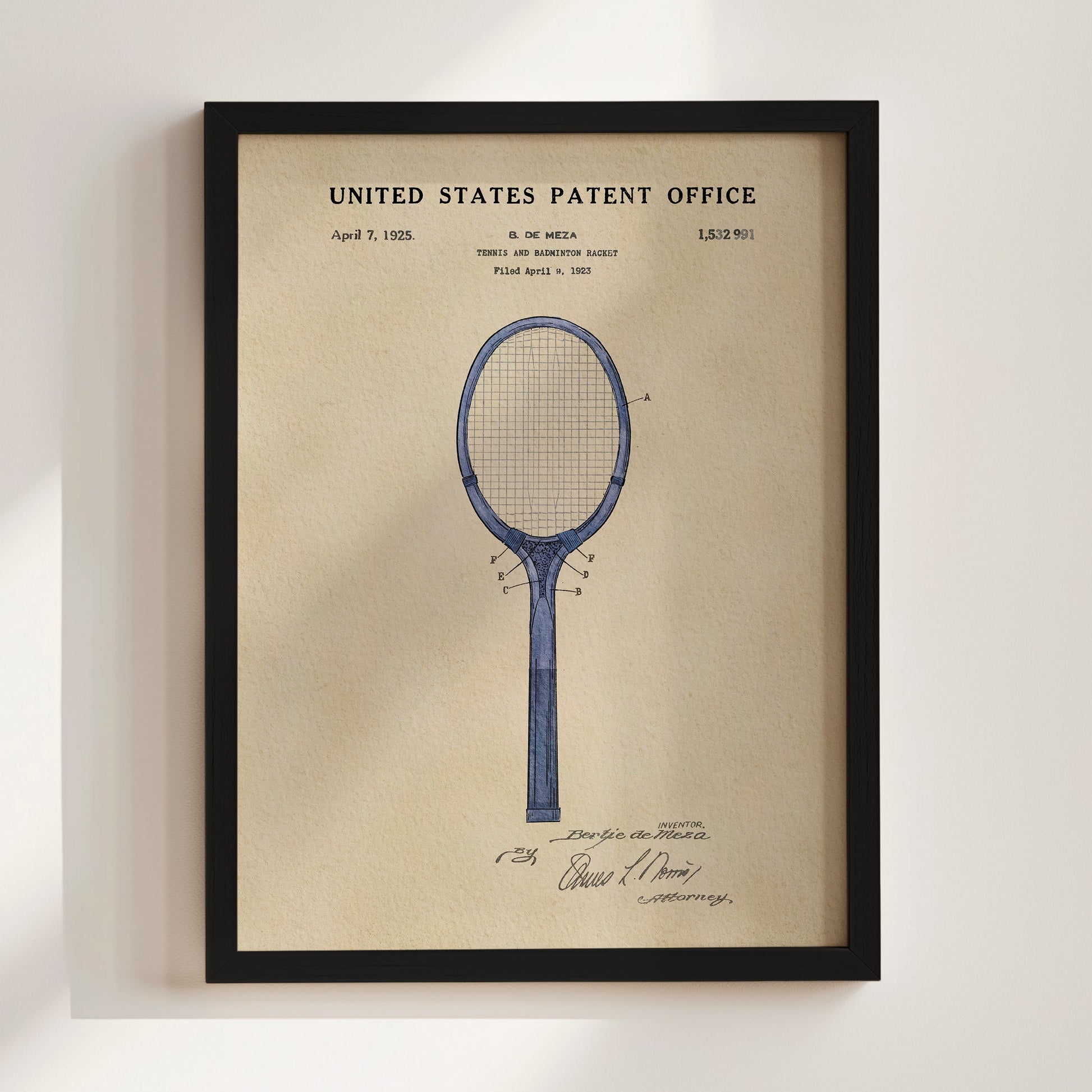 Framed United States Patent Office poster of a tennis racket design on a beige background