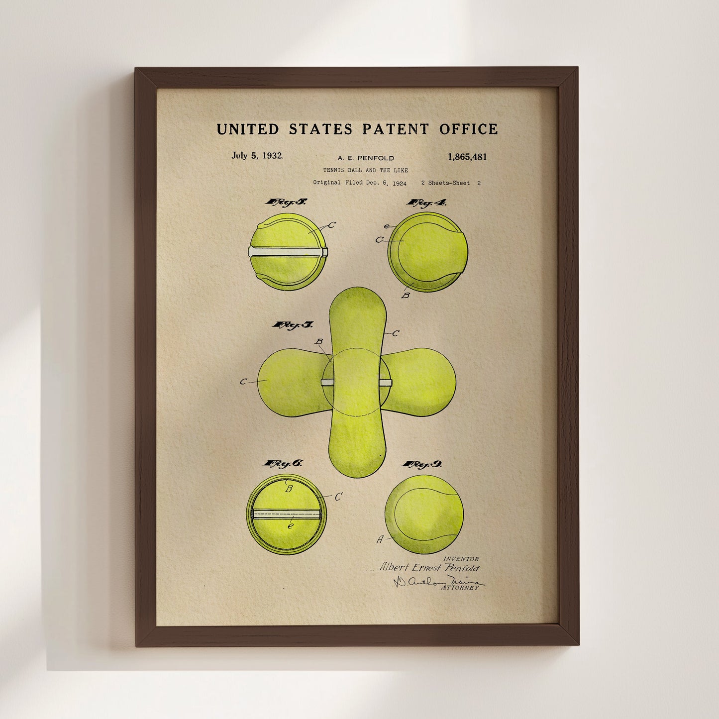 Framed United States Patent Office poster with green tennis ball design on beige background