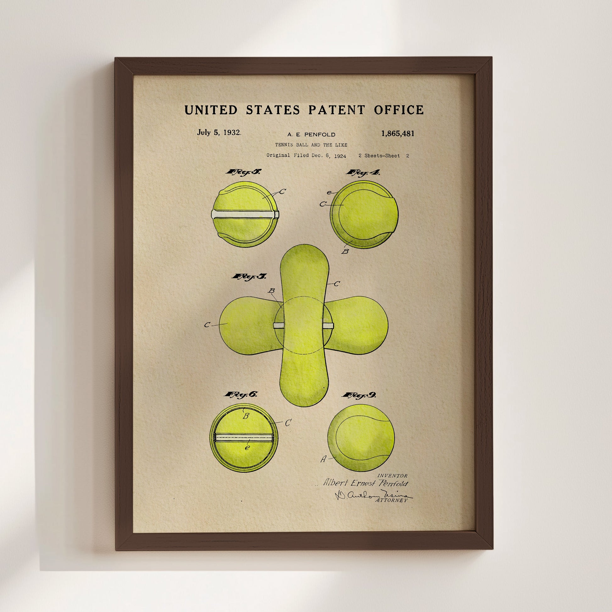 Framed United States Patent Office poster with green tennis ball design on beige background