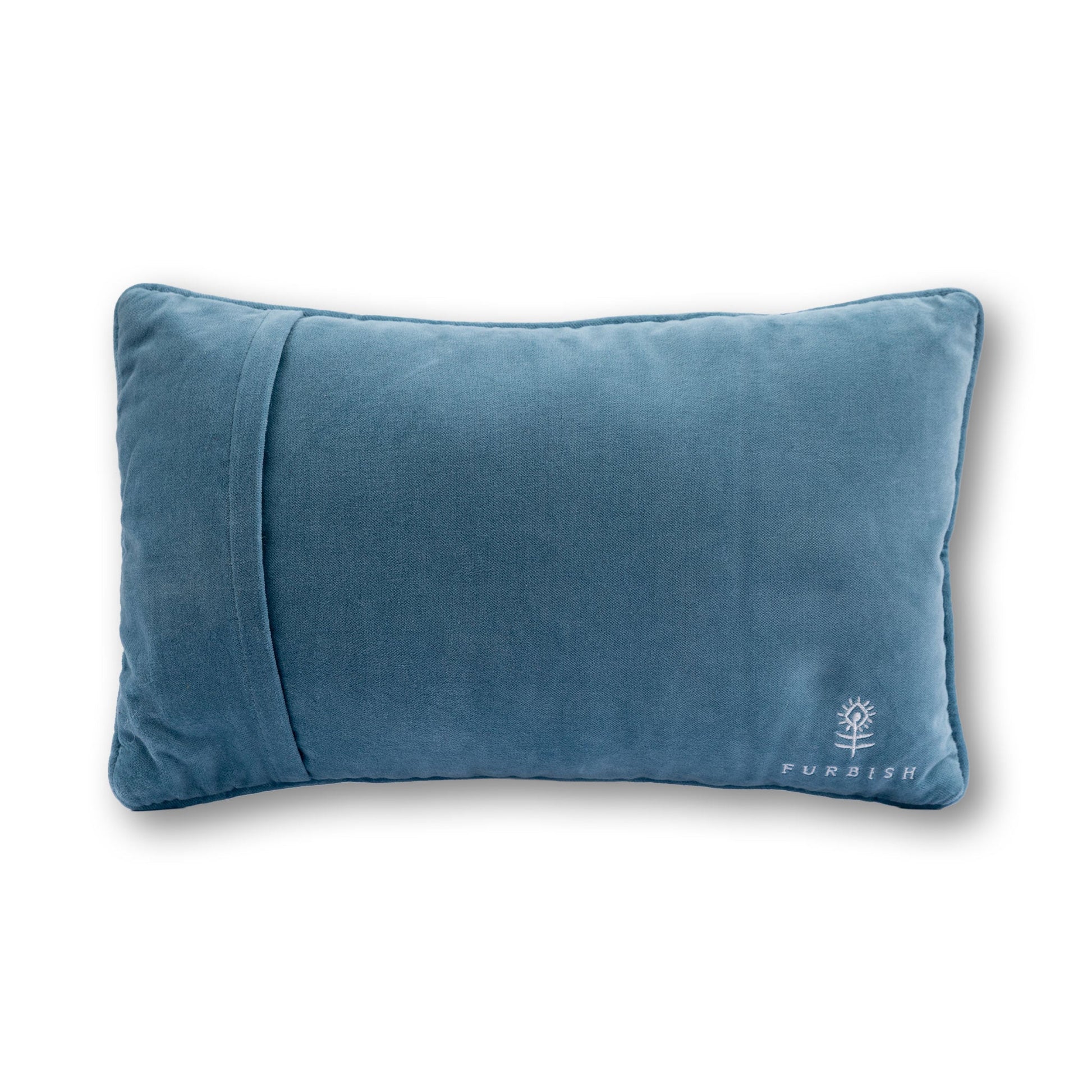 Blue pillow with a brand logo on a white background