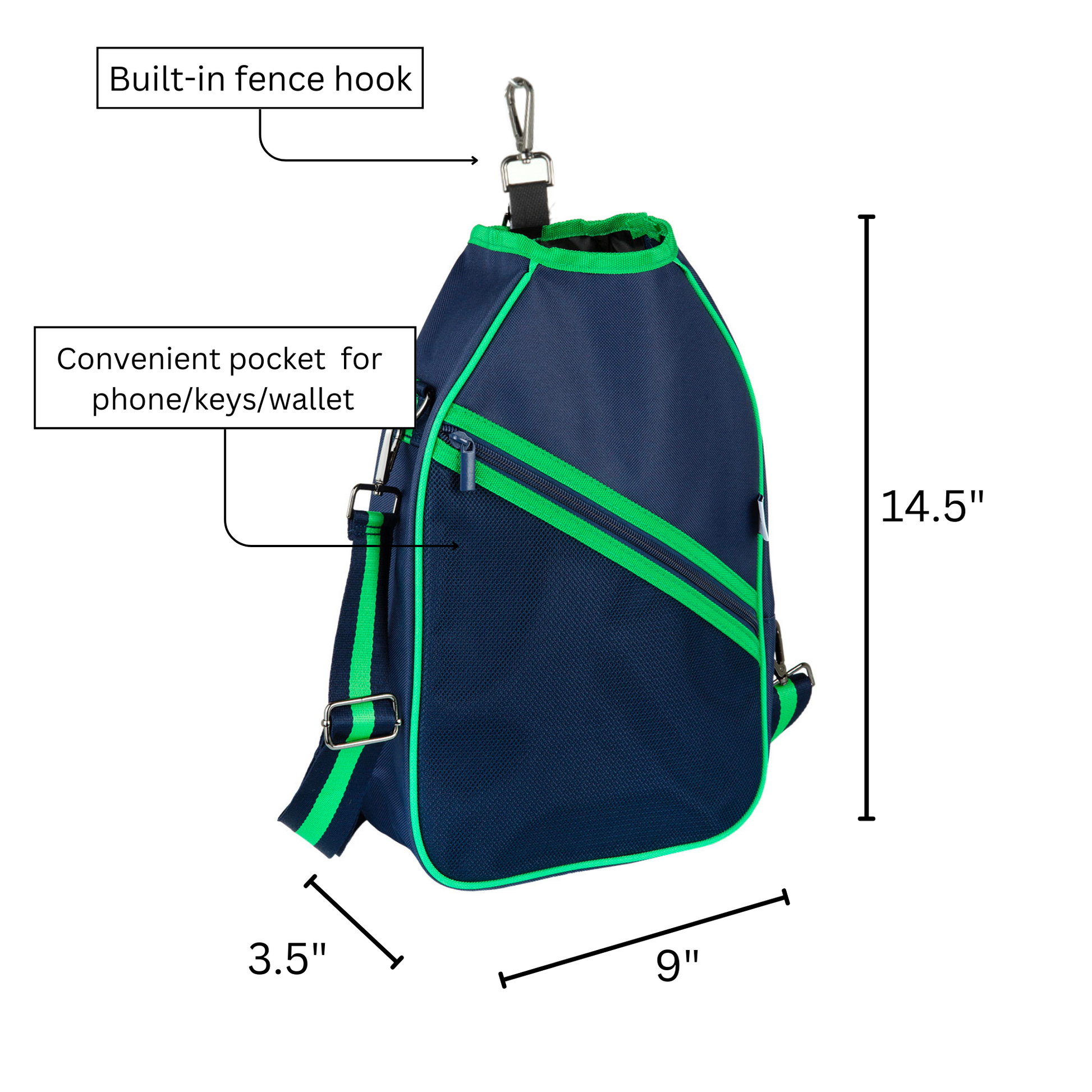 Navy blue and green  pickleball  bag with features labeled and dimensions shown
