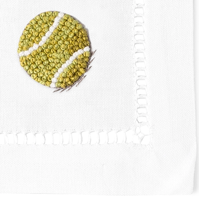 Hand embroidered Tennis cotton cocktail napkins with tennis ball.