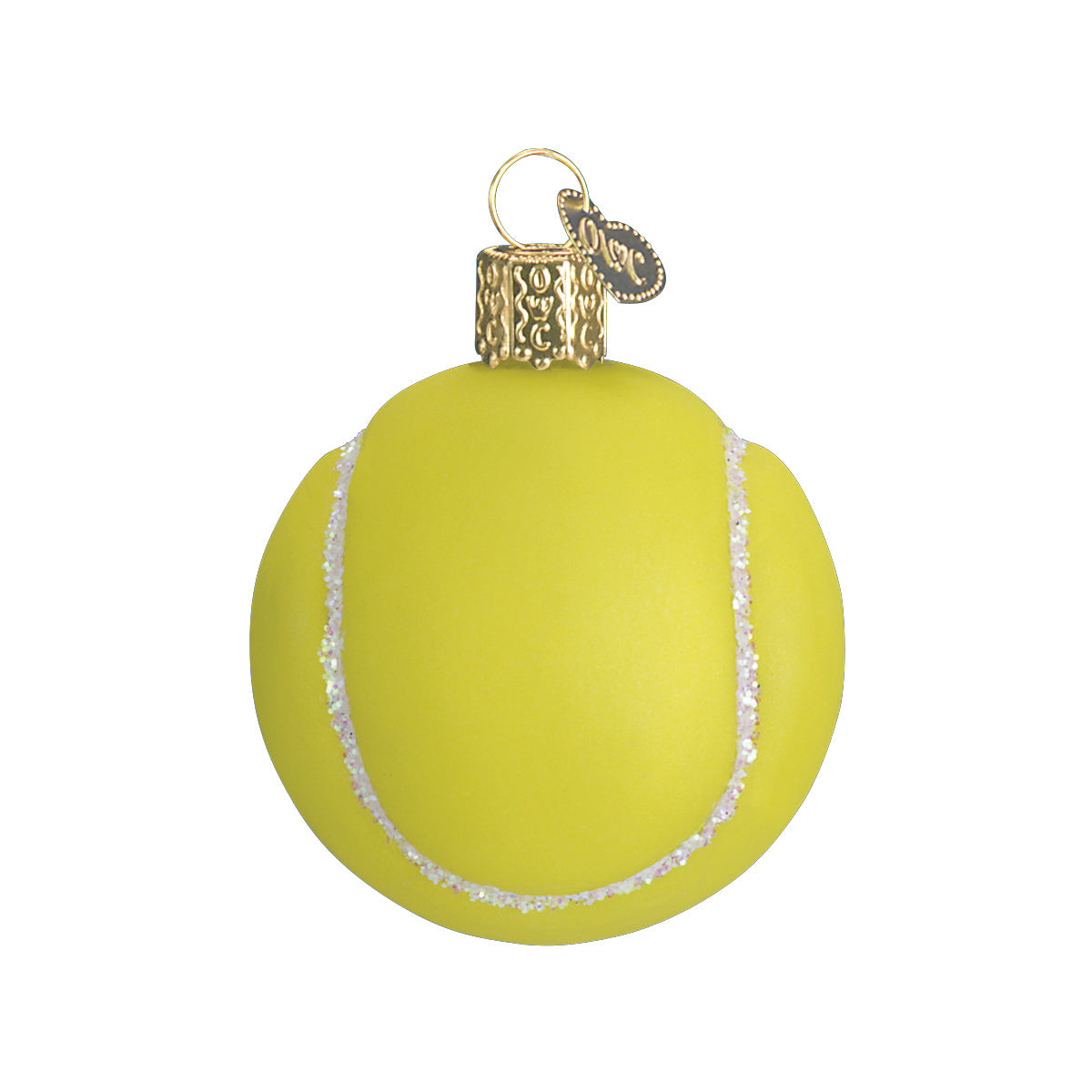 Yellow Christmas ornament shaped like a tennis ball on a white background