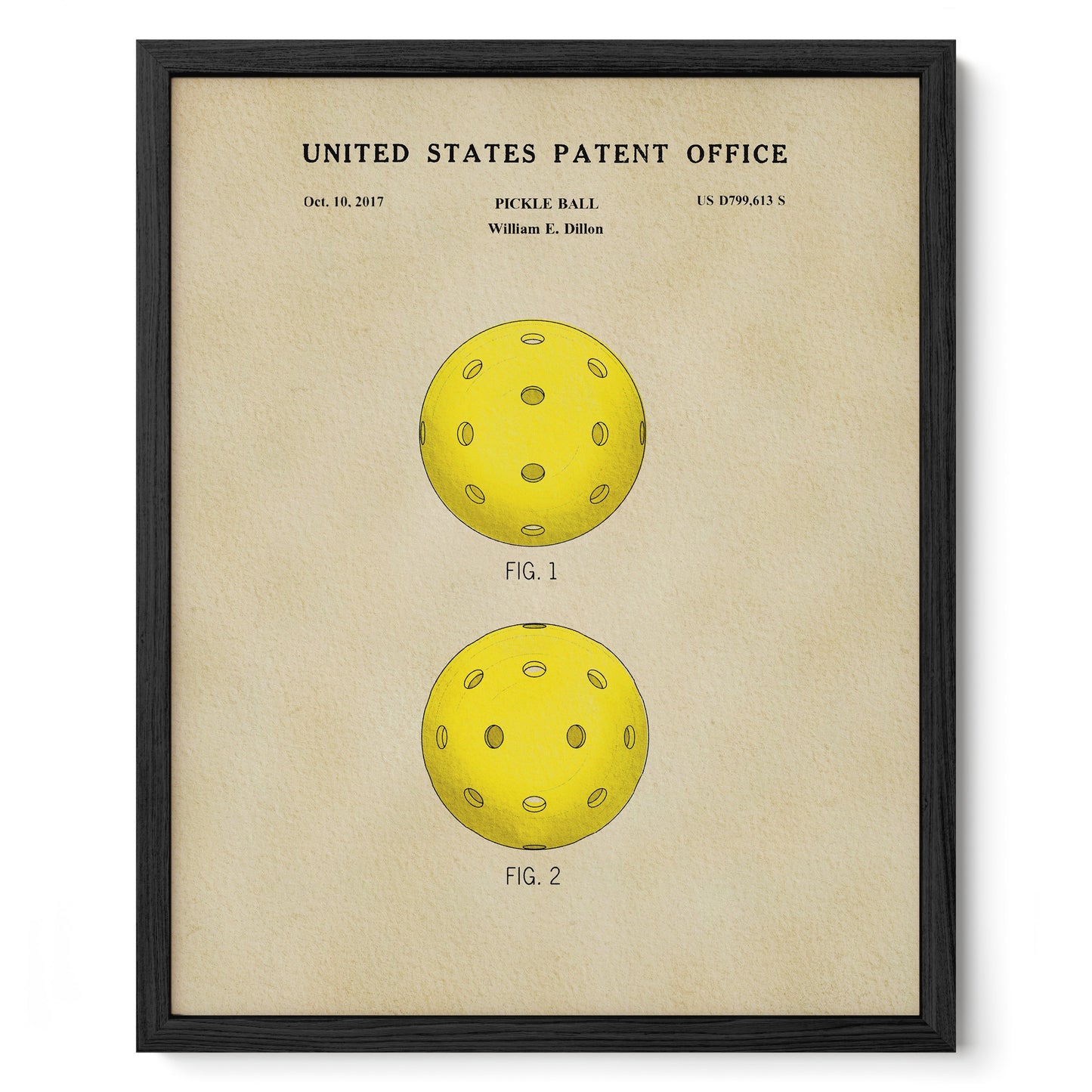 Framed poster of a pickle ball design from the United States Patent Office on a beige background.